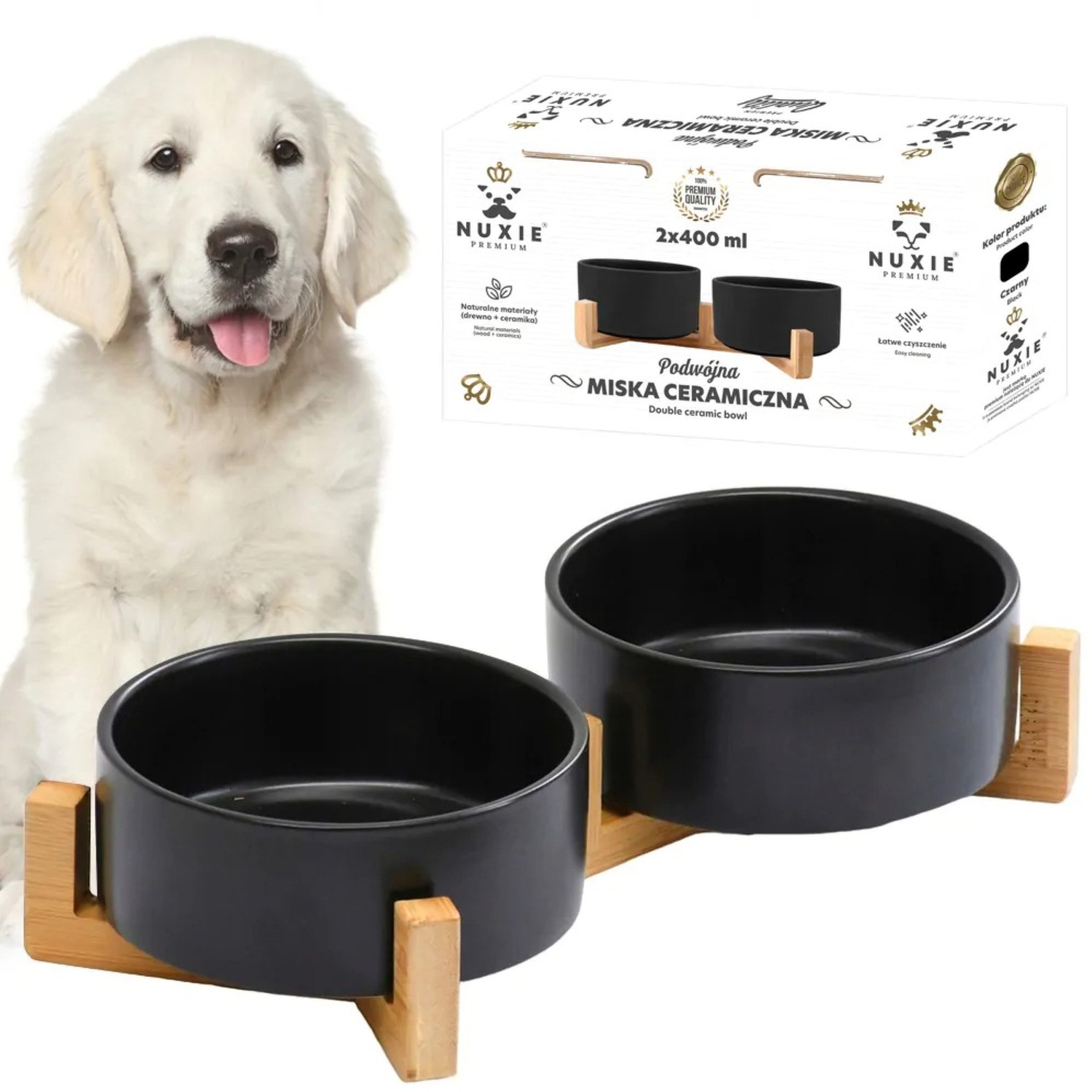 NUXIE PREMIUM Napf-Set Doppelkeramik-Haustiernapf auf Bambusständer 2x400ml Futterstation, Keramik, Doppelnapf, Keramik, Bambusständer, stabil, pflegeleicht
