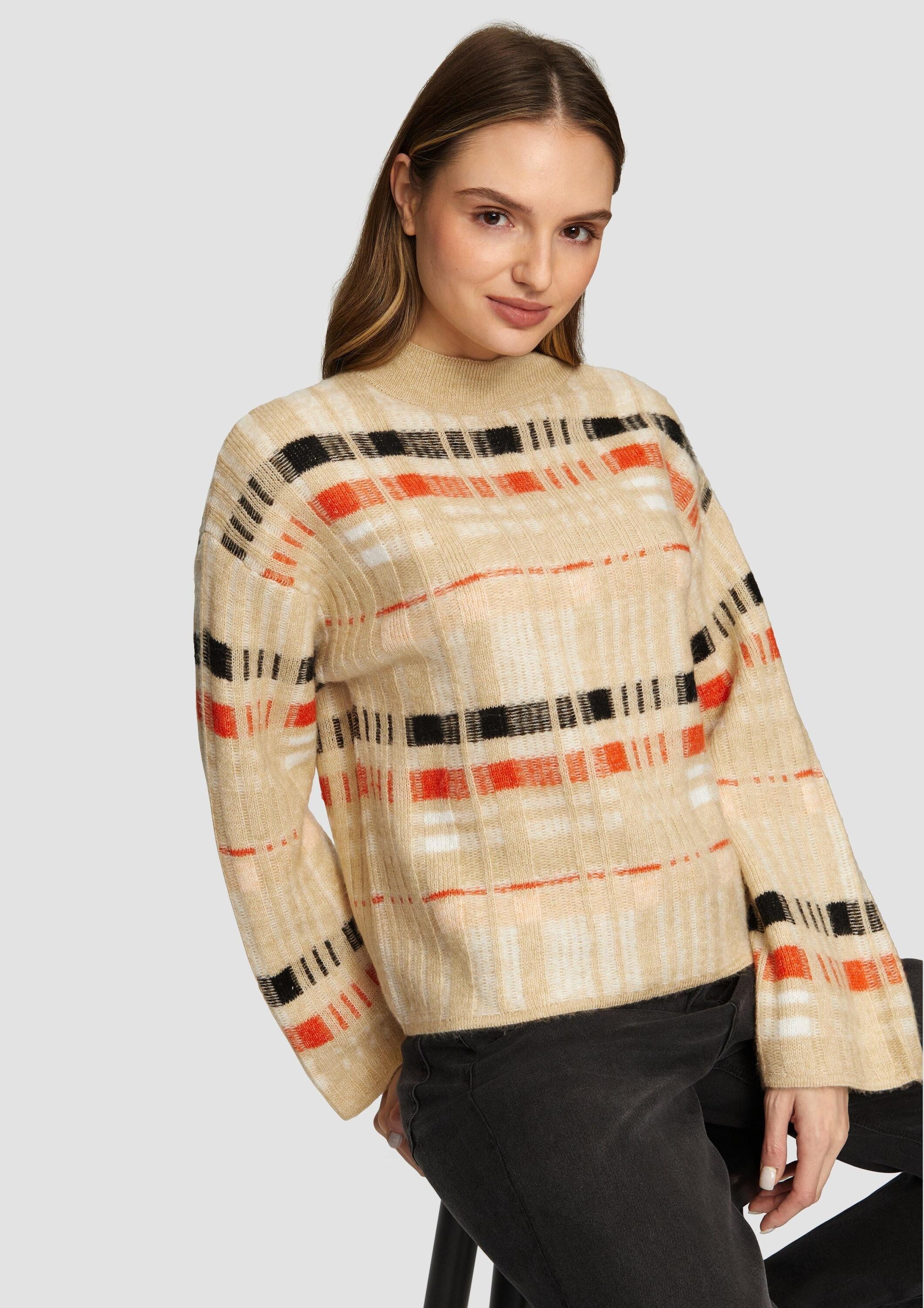 s.Oliver Longpullover Strickpullover Karierter Strickpullover mit weitem Ärmel