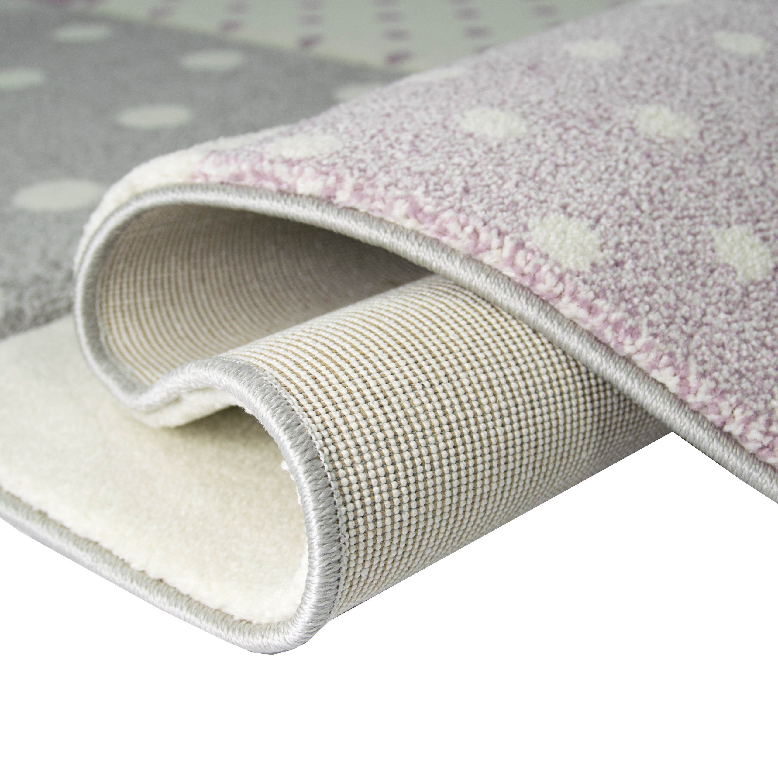 TeppichHome24 Kinderteppich Kinderteppich mit Stern Herz in Lila Grau Creme, Rund, Höhe: 1.3 mm