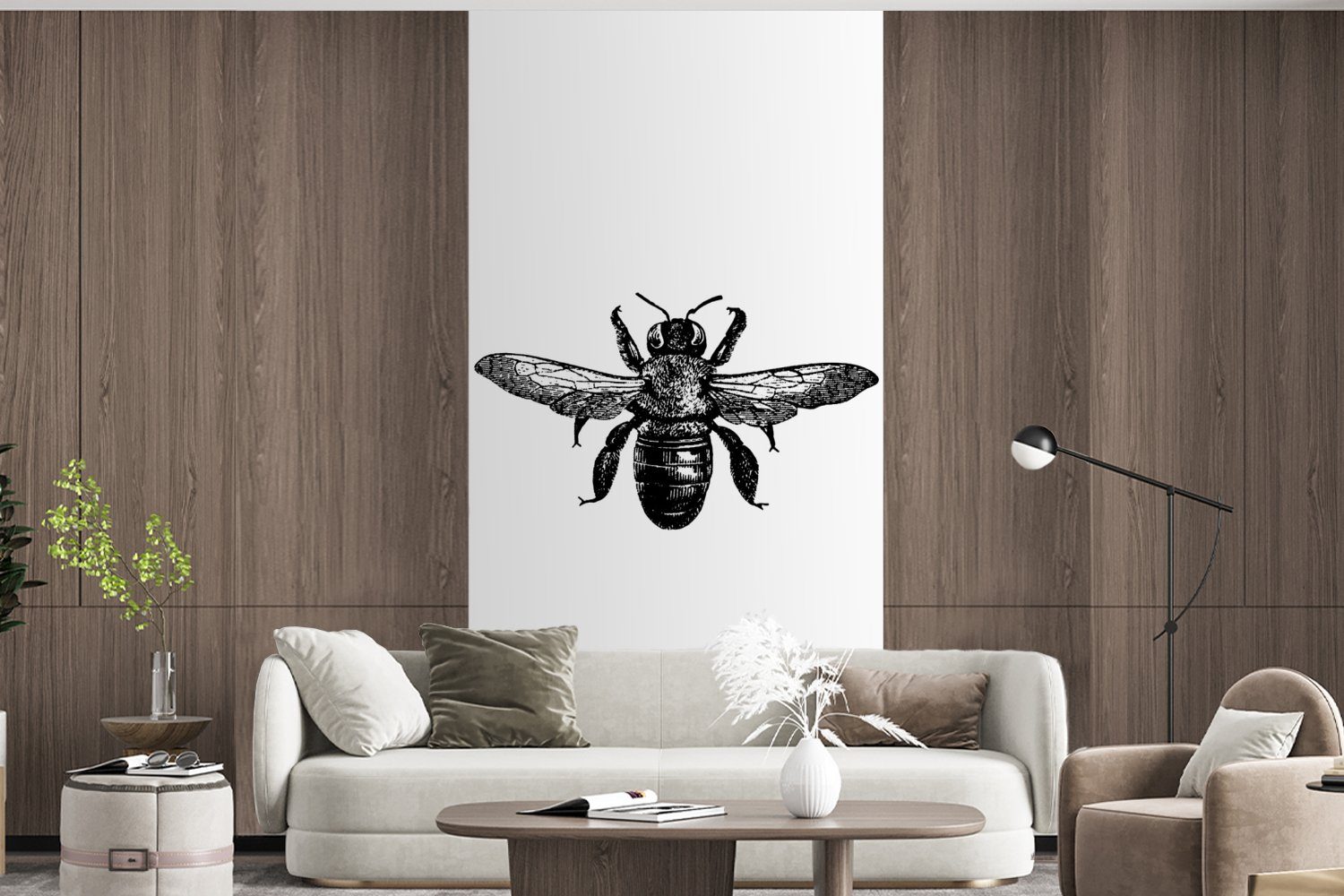 MuchoWow Fototapete und Wohnzimmer (2 für St), weiß, Vintage Biene Vliestapete Insekt Matt, Schwarz Schlafzimmer - bedruckt, Küche, - Fototapete 