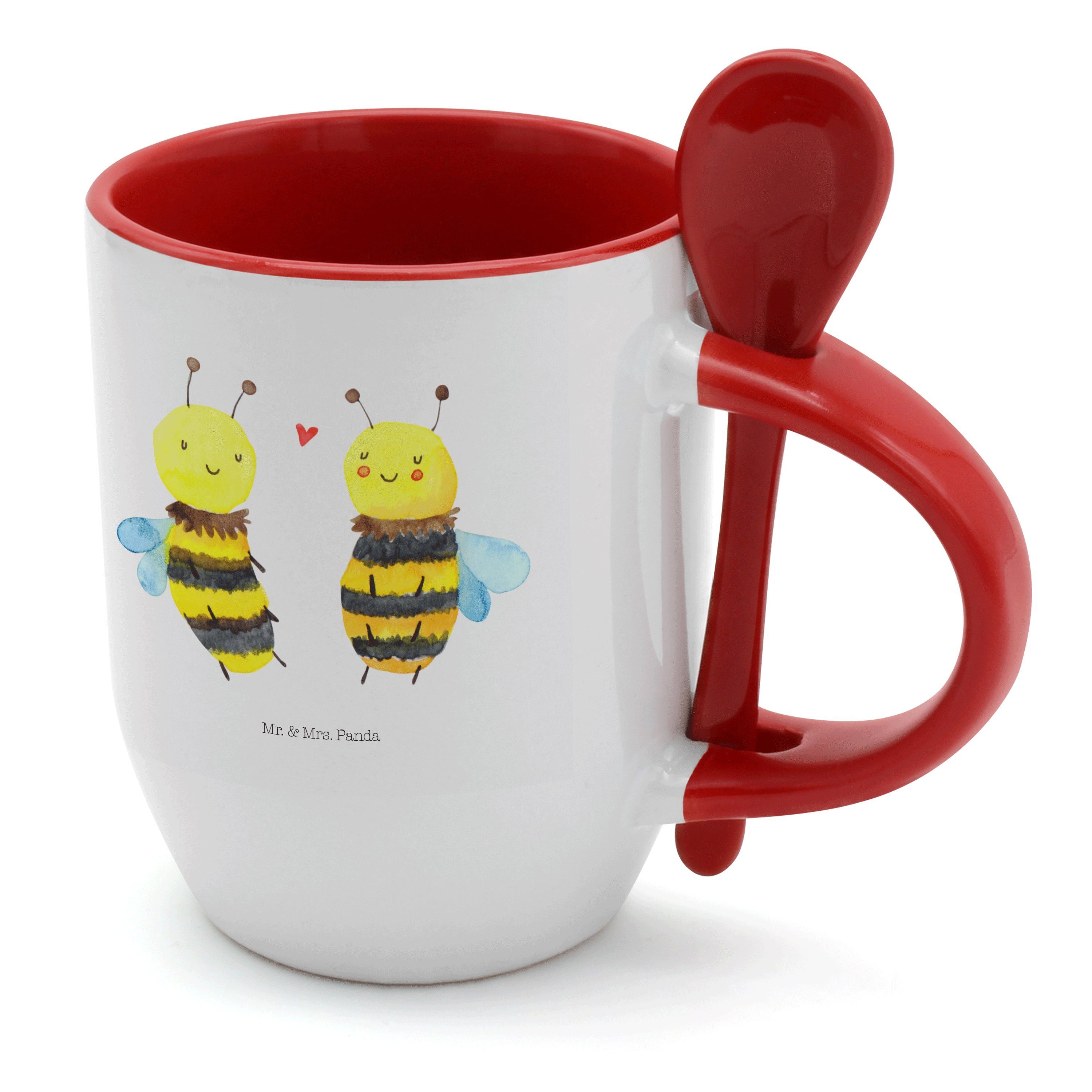 Mr. & Mrs. Panda Tasse Biene Verliebt - Weiß - Geschenk, Tasse, Kaffeebecher, Tasse mit Löff, Keramik