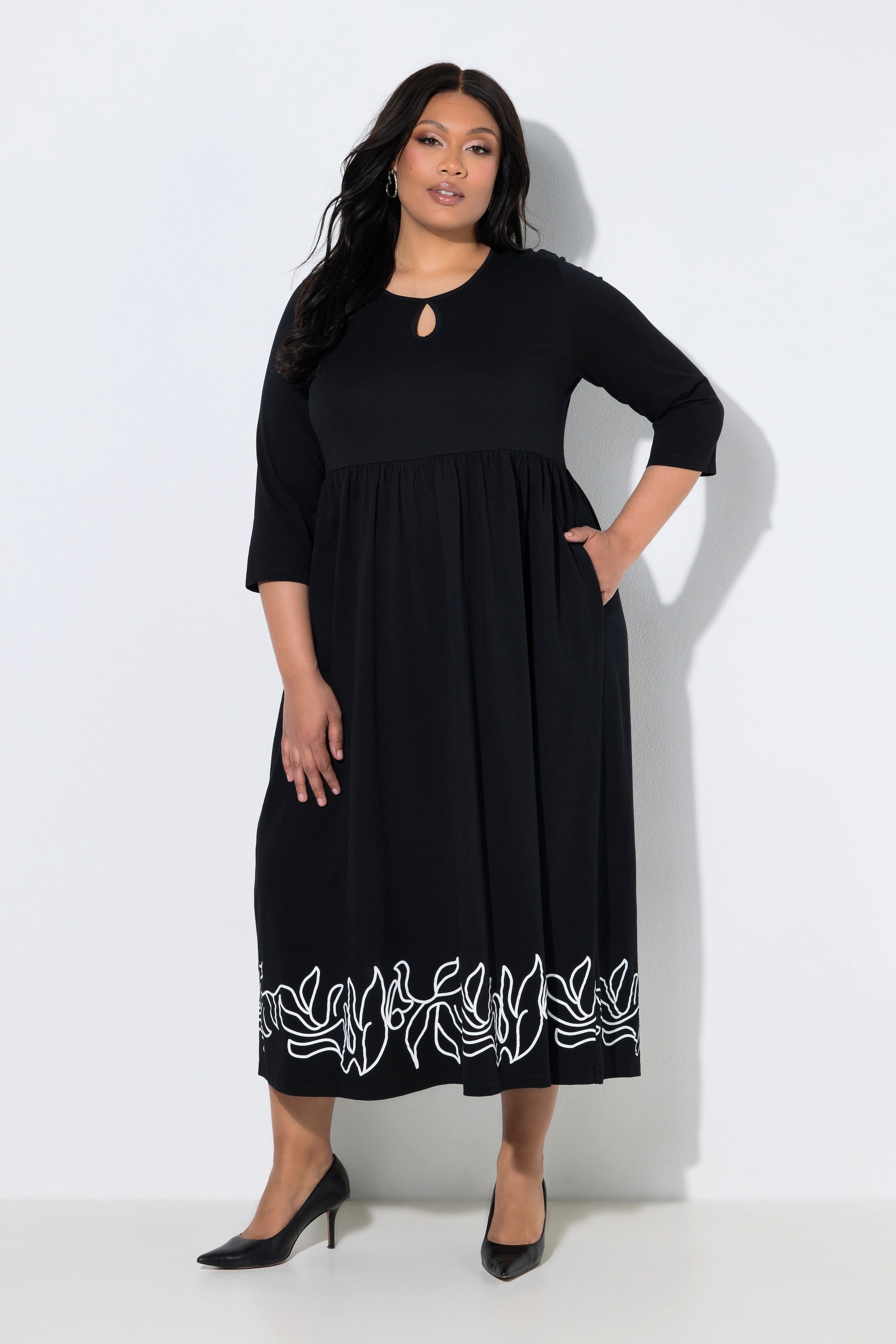 Ulla Popken Maxikleid Maxikleid A-Linie Rundhals 3/4-Arm Taschen