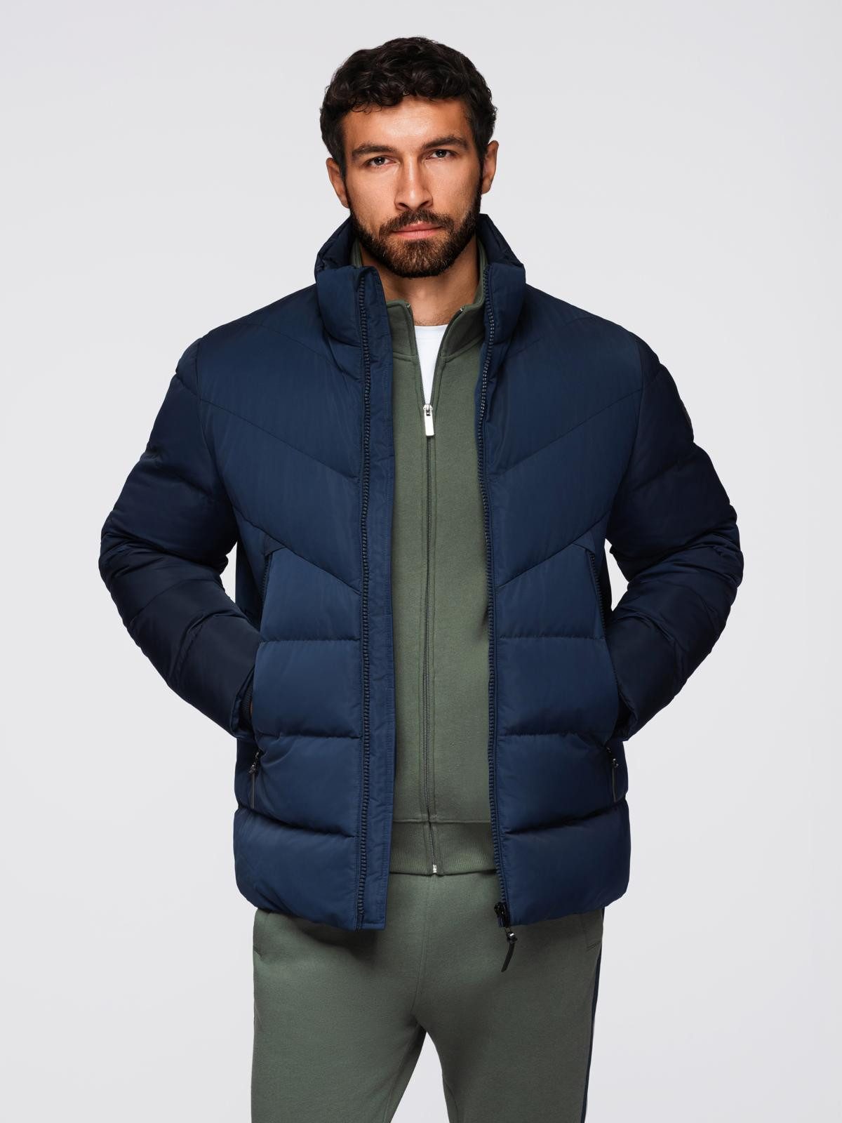 OMBRE Winterjacke Herrenjacke mit asymmetrischer Steppung und Kapuze – marineblau