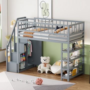 MODFU Kinderbett Hochzaun-Sicherheitsdesign mit Kleiderschrank, Regalen und Stauraum (mit Sicherheitskletterleiter, Multifunktionsbett 90 x 200 cm), ohne Matratze