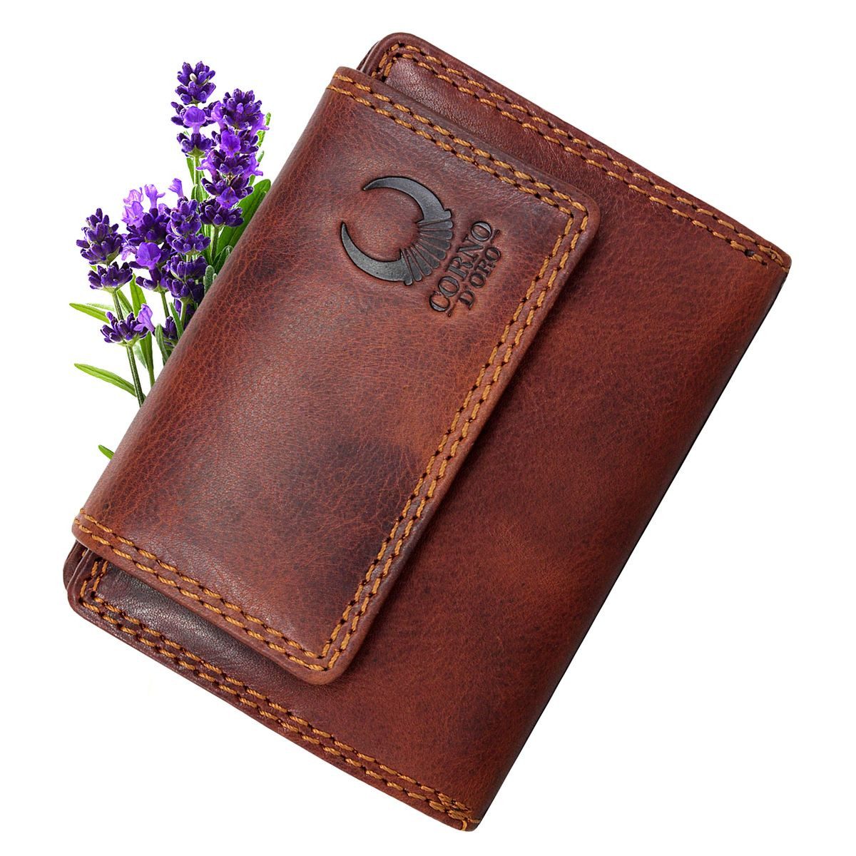 Corno d´Oro Geldbörse Damen Leder Handmade Portemonnaie Viele Fächer Mittelgroß Braun, Vintage,Handgefertigt, RFID Schutz, mit Geschenkkarton