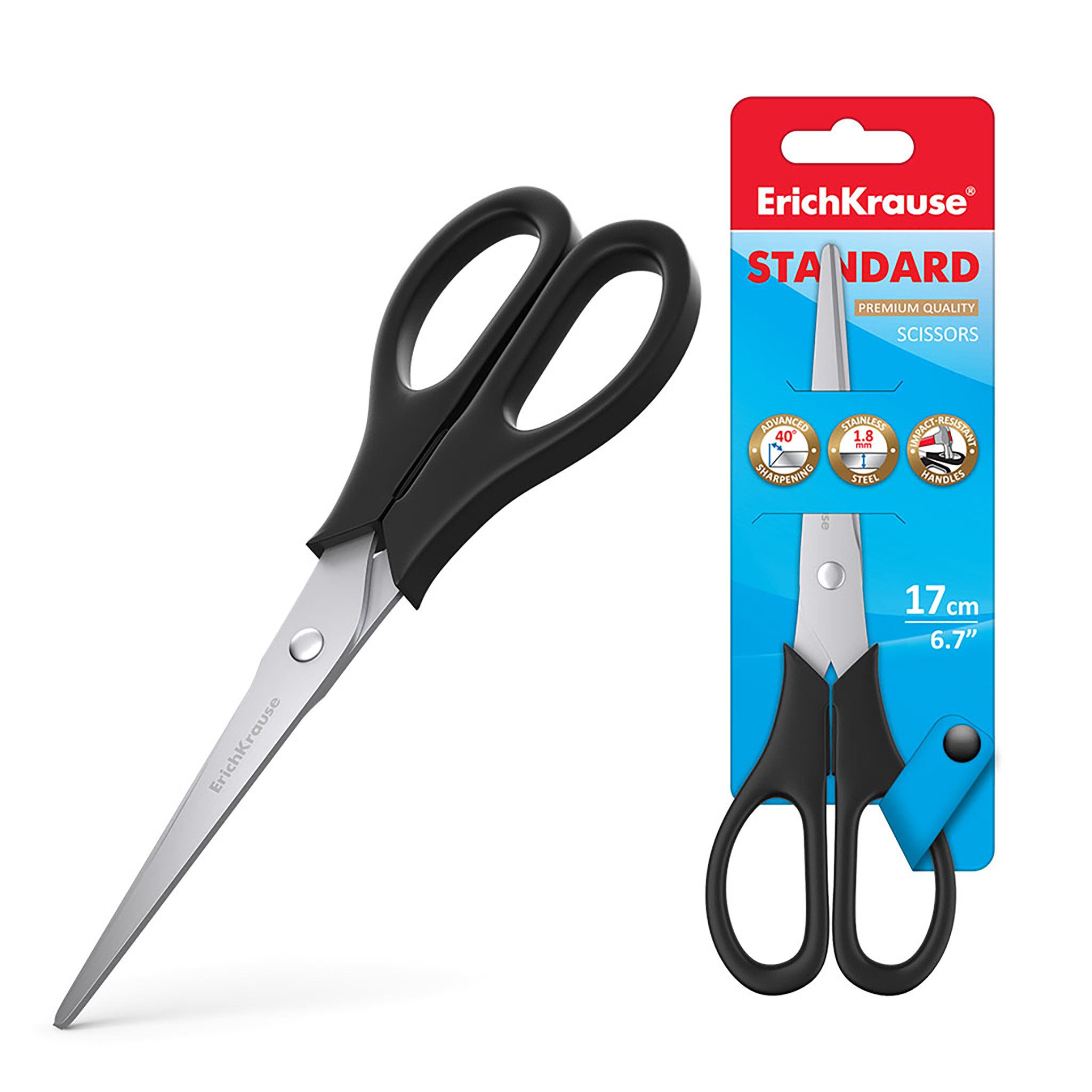 Erich Krause Papierscheren, Schere 17cm EasyCut rostfrei 2D Edelstahlklingen 1 Stück Schwarz