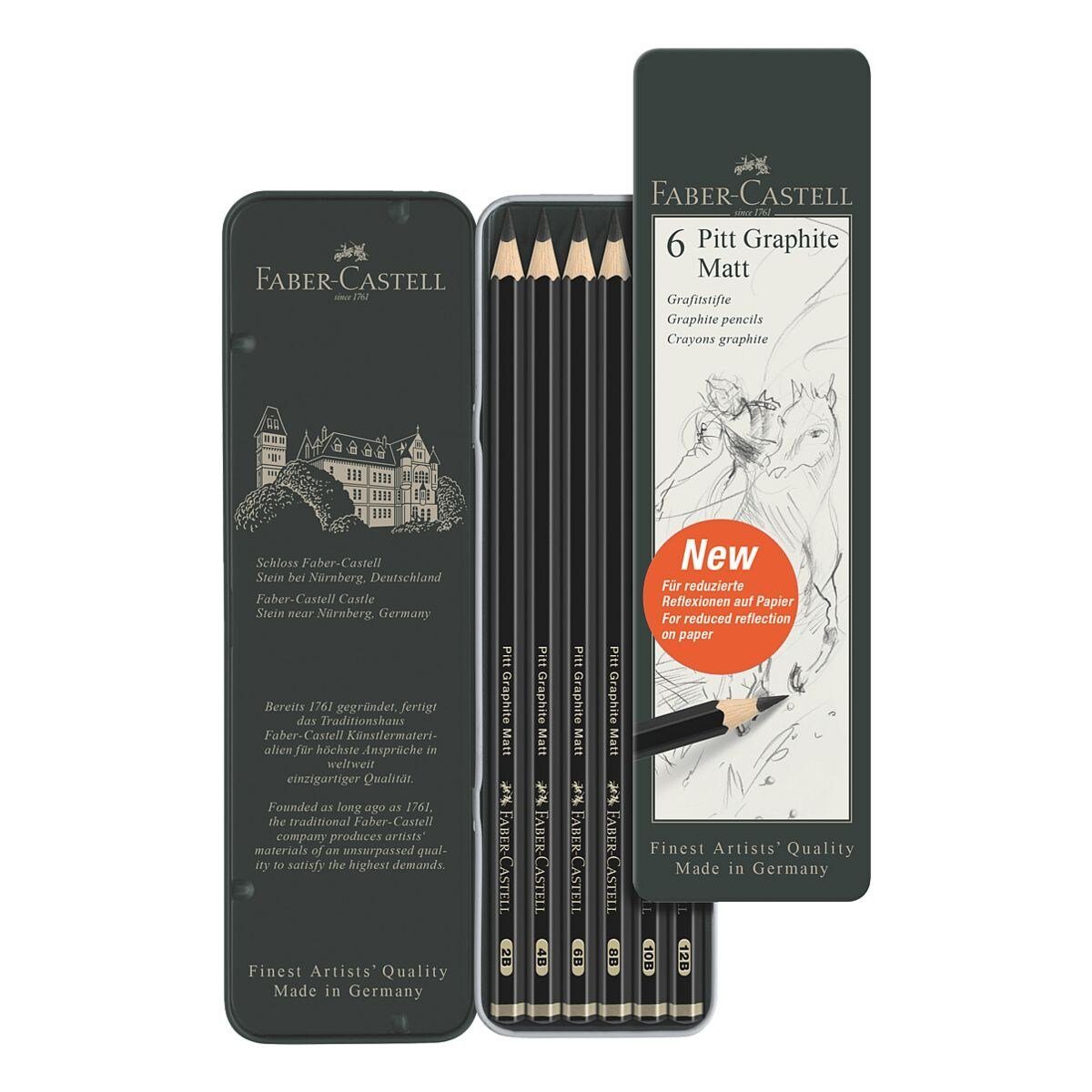Faber-Castell Bleistift 6er-Set, 4B, 12B, Radiergummi 10B, ohne 6B, Pitt Graphite, 8B, 2B