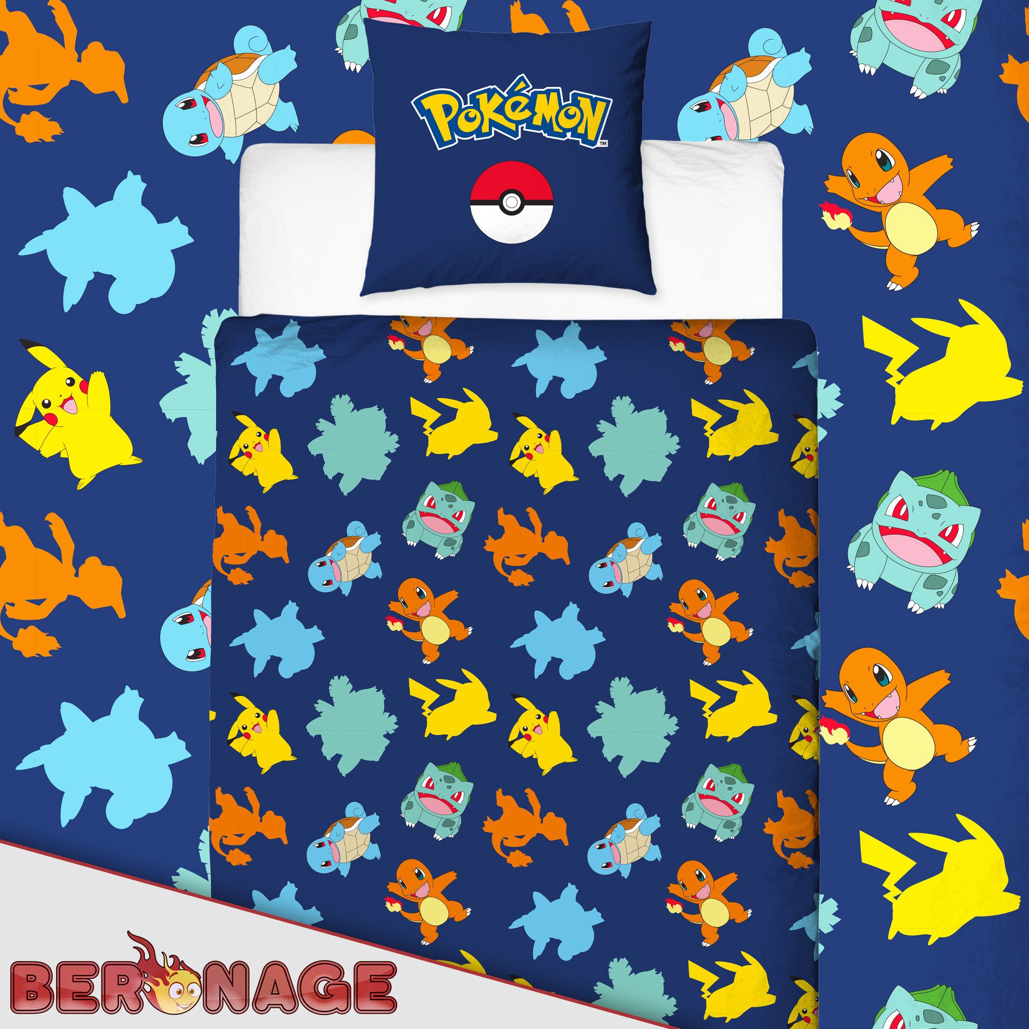 BERONAGE Kinderbettwäsche Pokemon Bettwäsche Pikachu Glurak Bisaflor Turtok Linon / Renforcé, 100% Baumwolle, 135x200 + 80x80 cm – Bild 5 von 5