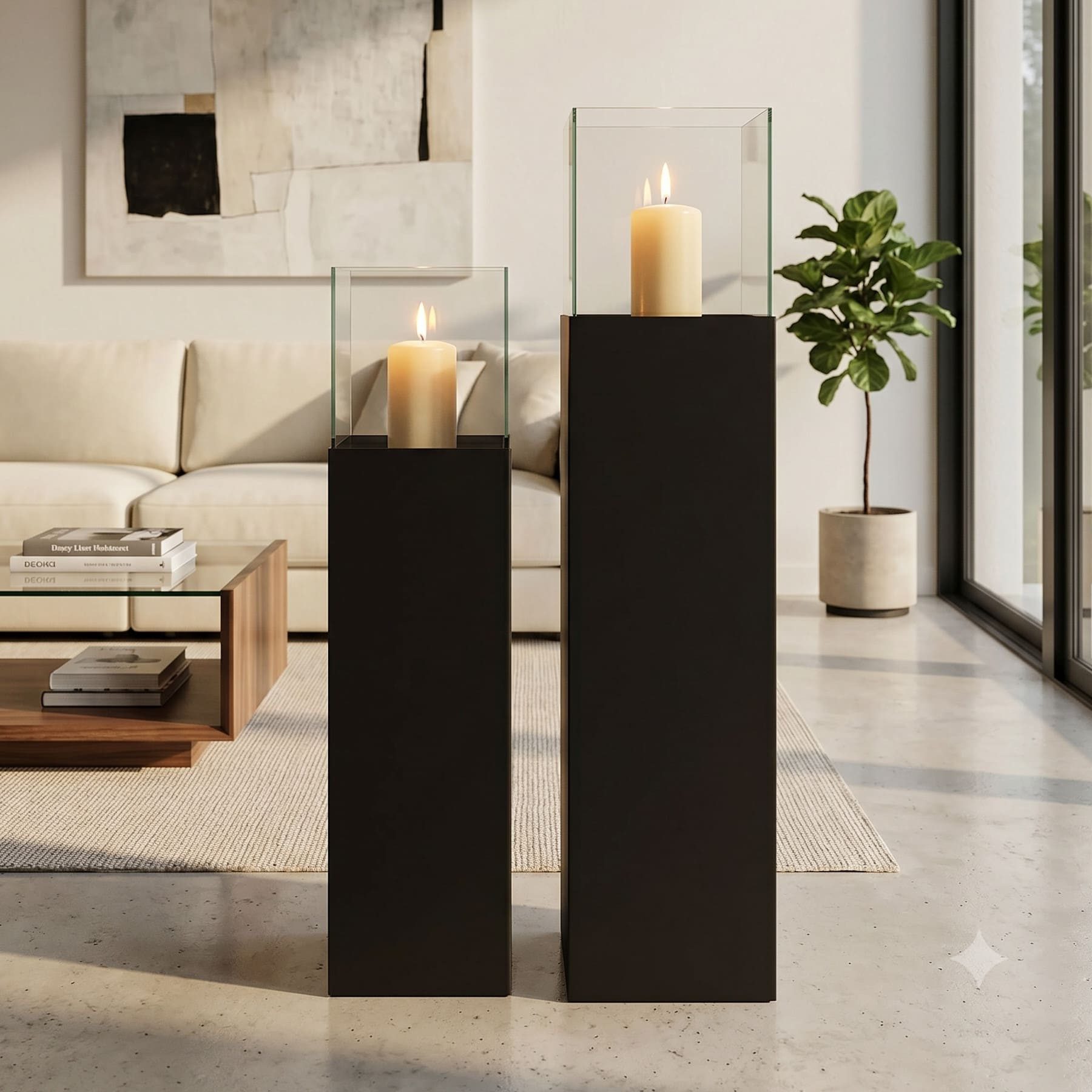 Dekoleidenschaft Bodenwindlicht "Black" Windlichtsäule aus Metall, schwarz, Kerzenständer, Dekosäule (2 St., im Set), Kerzenhalter 75 + 90 cm hoch, Wohnzimmer Bodenlaterne mit Kerzenglas