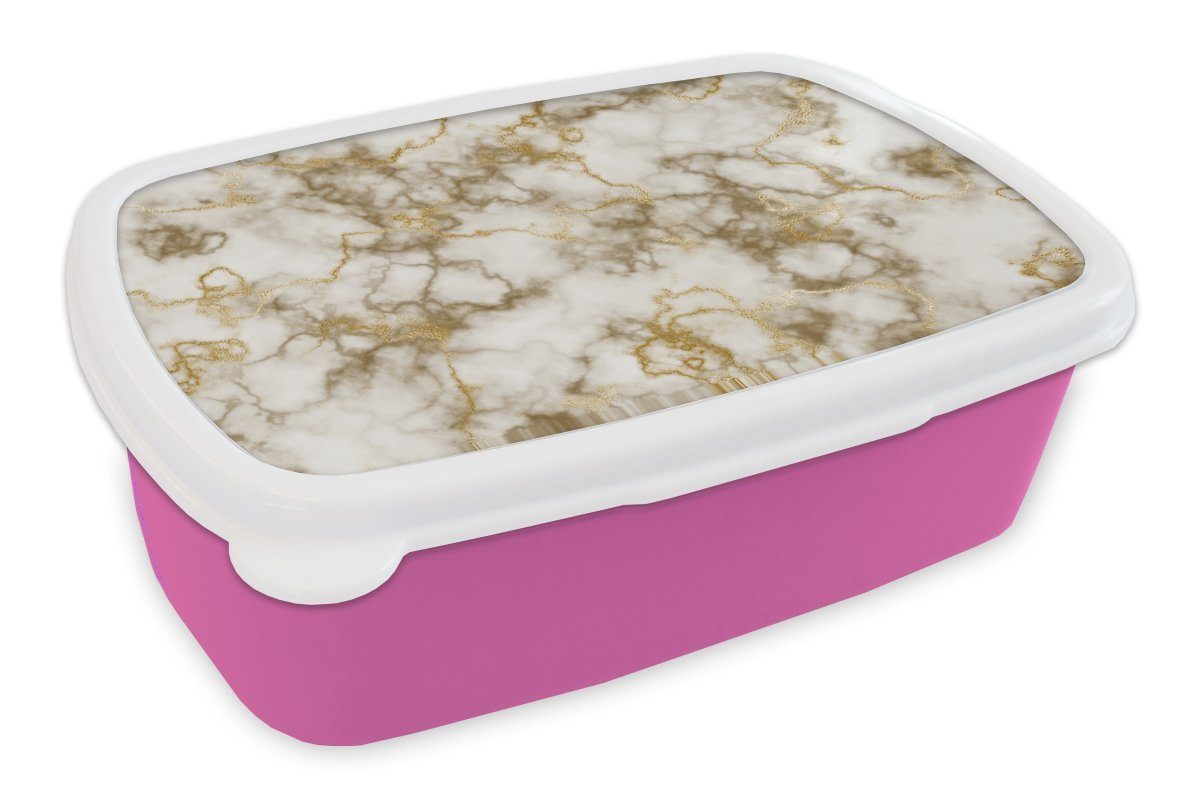 MuchoWow Lunchbox Marmor - Gelb - Gold, Kunststoff, (2-tlg), Brotbox für Erwachsene, Brotdose Kinder, Snackbox, Mädchen, Kunststoff rosa