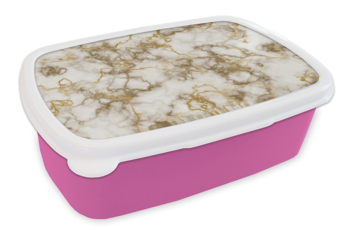 Brotdose Gelb rosa Kinder, MuchoWow (2-tlg), Marmor Mädchen, Brotbox - - Kunststoff, Lunchbox für Erwachsene, Kunststoff Snackbox, Gold,