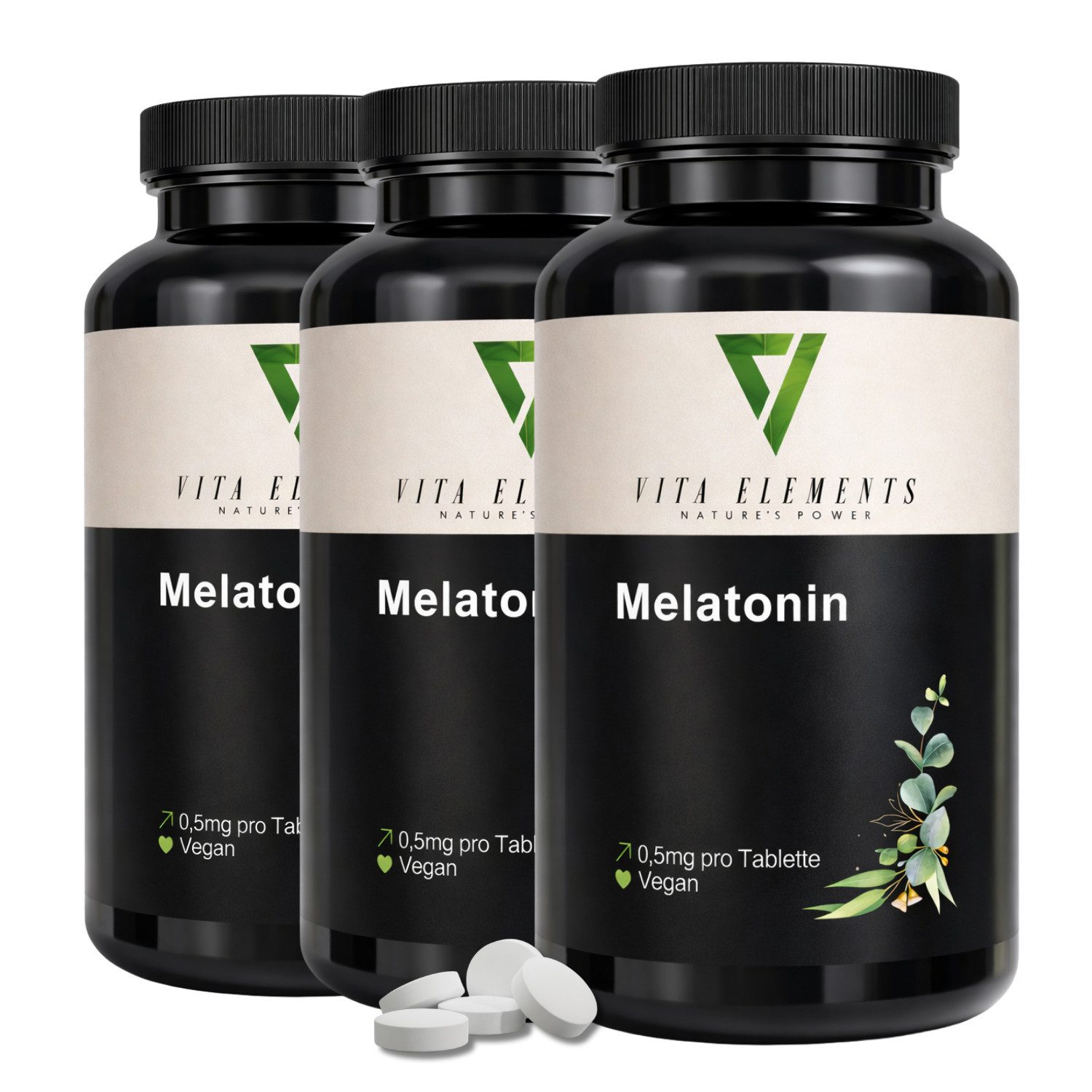 Vita Elements Melatonin - 0,5mg mit Akazienfasern, 1095 Tabletten, 3 er Spar-Set à 365 St., Vegan, Frei von Gentechnik, Ohne unnötige Zusatzstoffe, Laborgeprüft