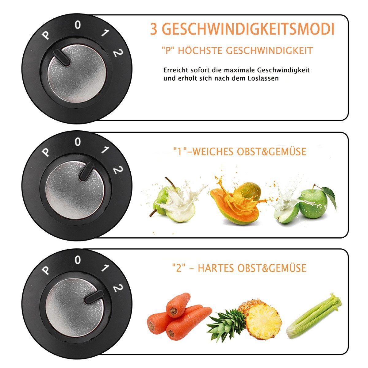 ibettertec Entsafter Entsafter für Obst und Gemüse, Entsafter aus Edelstahl, 600,00 W, elektrische Saftpresse,75mm Füllöffnung und 3 Geschwindigkeiten – Bild 4 von 5