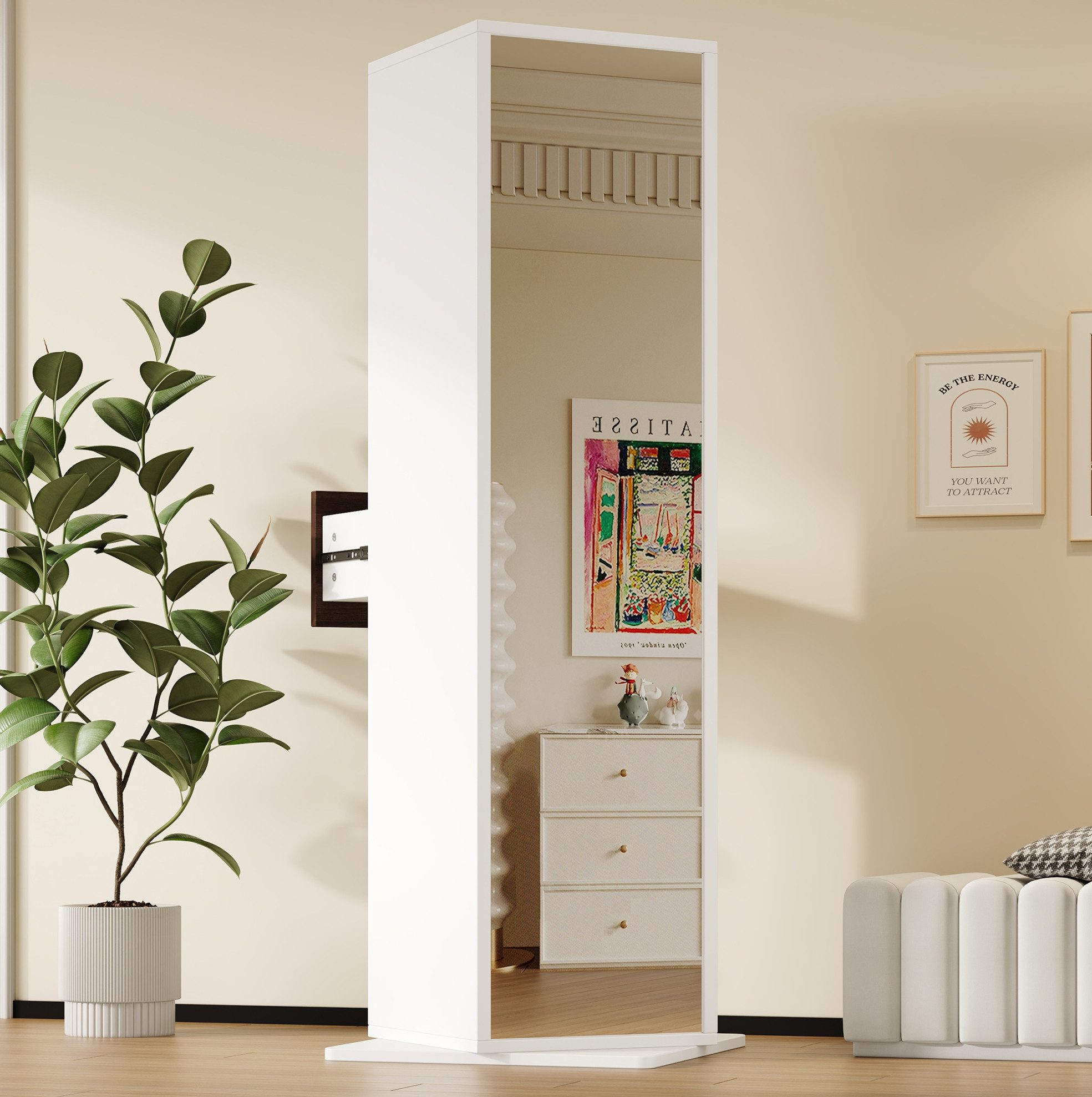 MODFU Spiegelschrank Ganzkörperspiegel Schrank 168 cm hoch, Hochschrank Badschrank (drehbare Konstruktion mit Ablageflächen und Schublade, platzsparender freistehender Badezimmerschrank, für Kleidung und Accessoires)