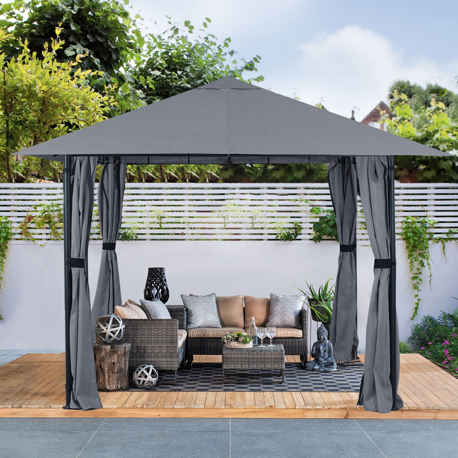 Sekey Pavillon Gartenpavillon 300x300 cm Partyzelt Gartenzelt, mit 4 Seitenteilen, mit 4 Seitenteilen, Wasserdicht, Windfest, Sonnenschutz, Seitenteile mit Reiß – Bild 4 von 5