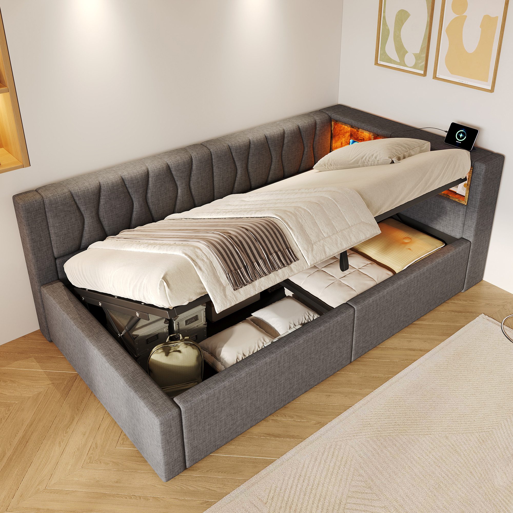 Ulife Daybett Tagesbett Schlafsofa mit dimmbarer LED‑Leiste und praktischem Regal, Hydraulische Lagerung mit USB‑Anschluss, 90 x 200 cm – Bild 5 von 5