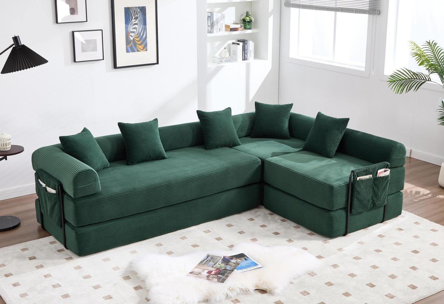 LVHOM Loungesofa Modulsofa mit Schlaffunktion, Seitentaschen, U-/L-Sofa, Fünfsitzer, 2xEinzelsessel + 1xDreisitzer, kombinierbar, Schlafsofa(Jedes Modul entfaltet sich zu separater Schlaffläche), 5 Zierkissen, Cordstoff, reichhaltige Füllung, 300 kg belastbar, tierfreundlich, kratzfest, knitterarm, Metall-Cord-Kombination, einfache Montage, Wohnzimmer/Homeoffice/Schlafzimmer/Gästeübernachtung