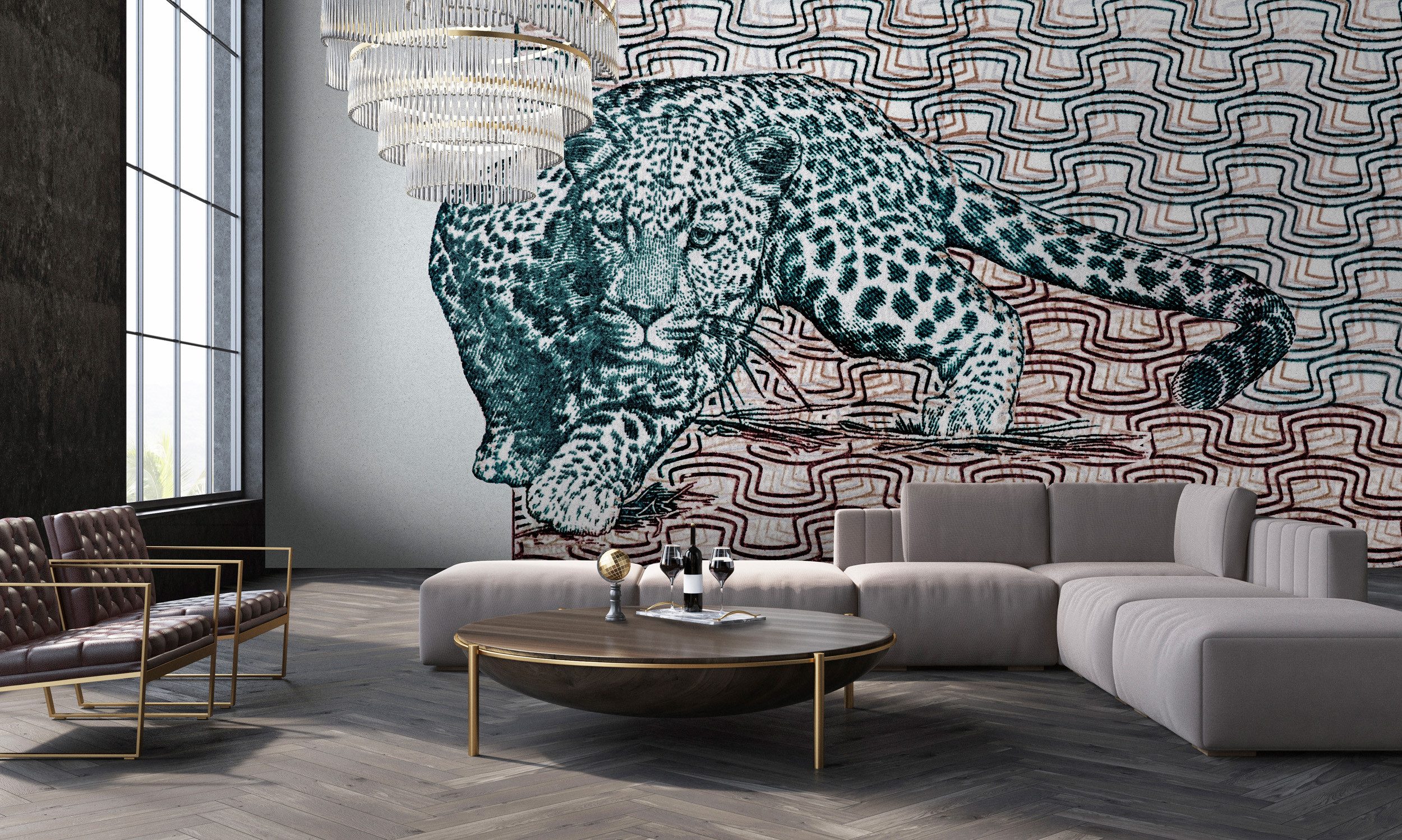 living walls Vliestapete Leoparden-Tapete mit Retro-Muster Türkis Braun, glatt, matt, (1 St)