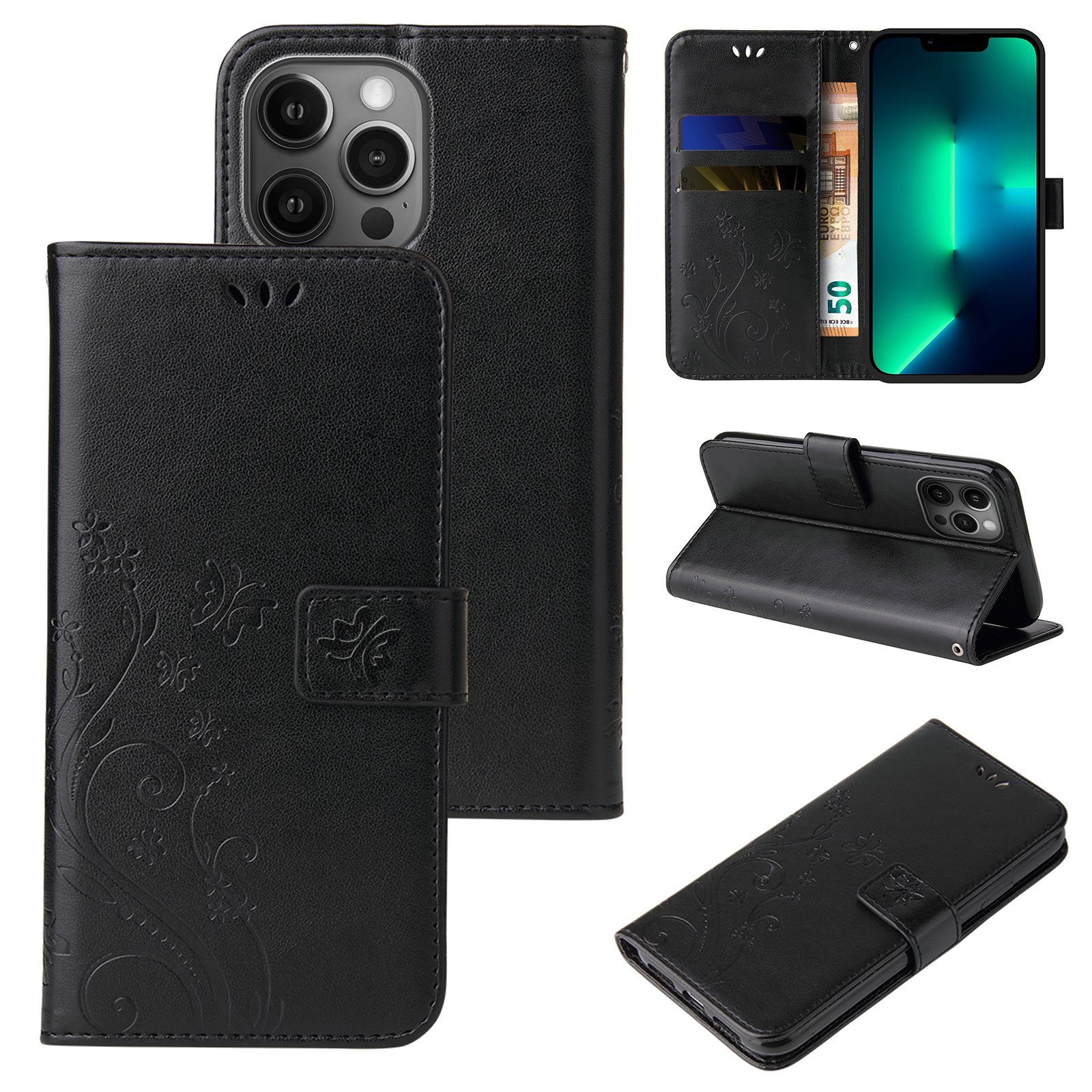 Tec-Expert Handyhülle Cover Tasche Hülle für Apple iPhone 13 Pro 6,1 Zoll, Klapphülle Case mit Kartenfach Fliphülle aufstellbar, Motiv Blumen