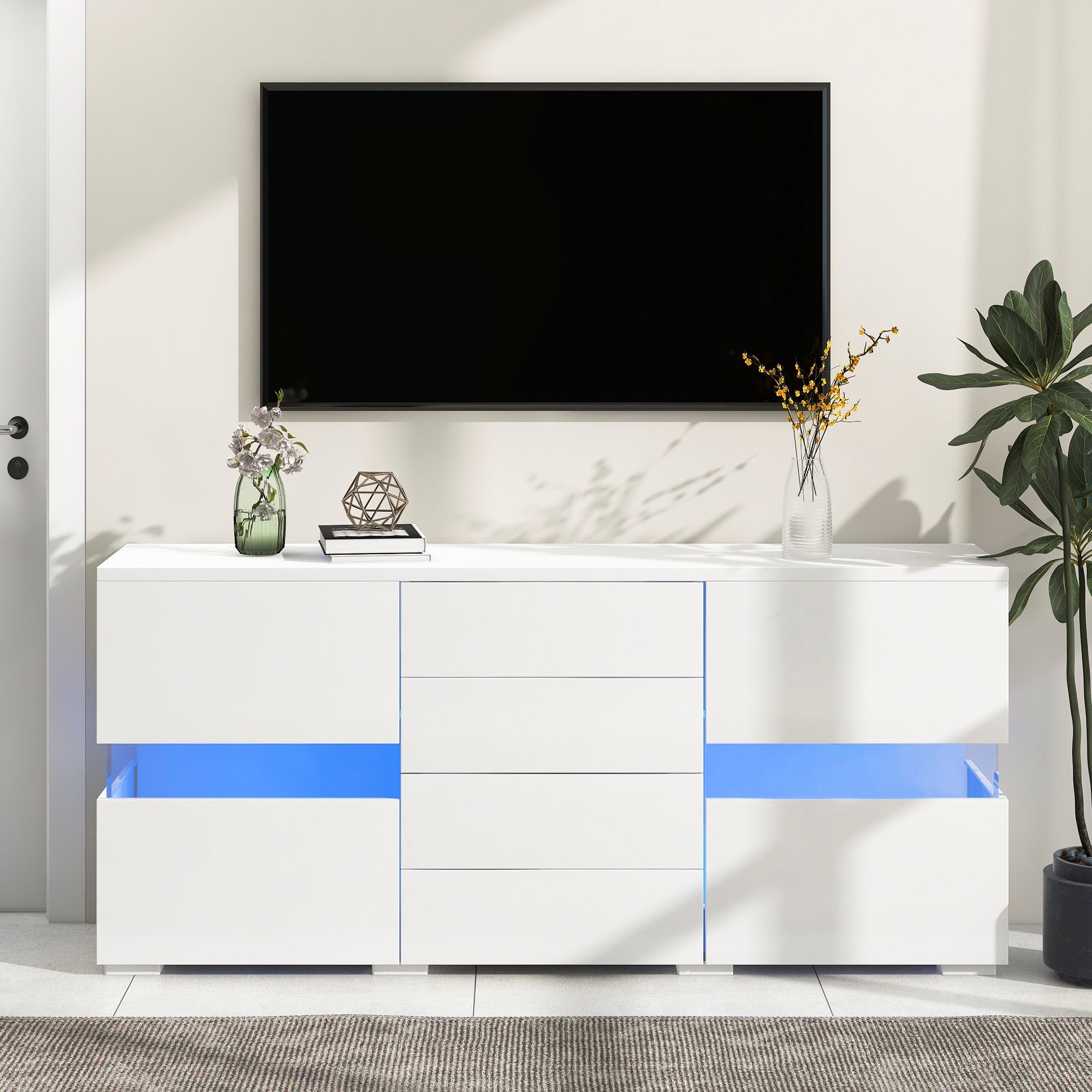 Merax Sideboard Hochglanz Weiß mit 16 Farben LED (Buffetschrank Anrichte), Kommode mit Acryl-Glastüren, 4 Schubladen & App-Steuerung, 140x35x72cm