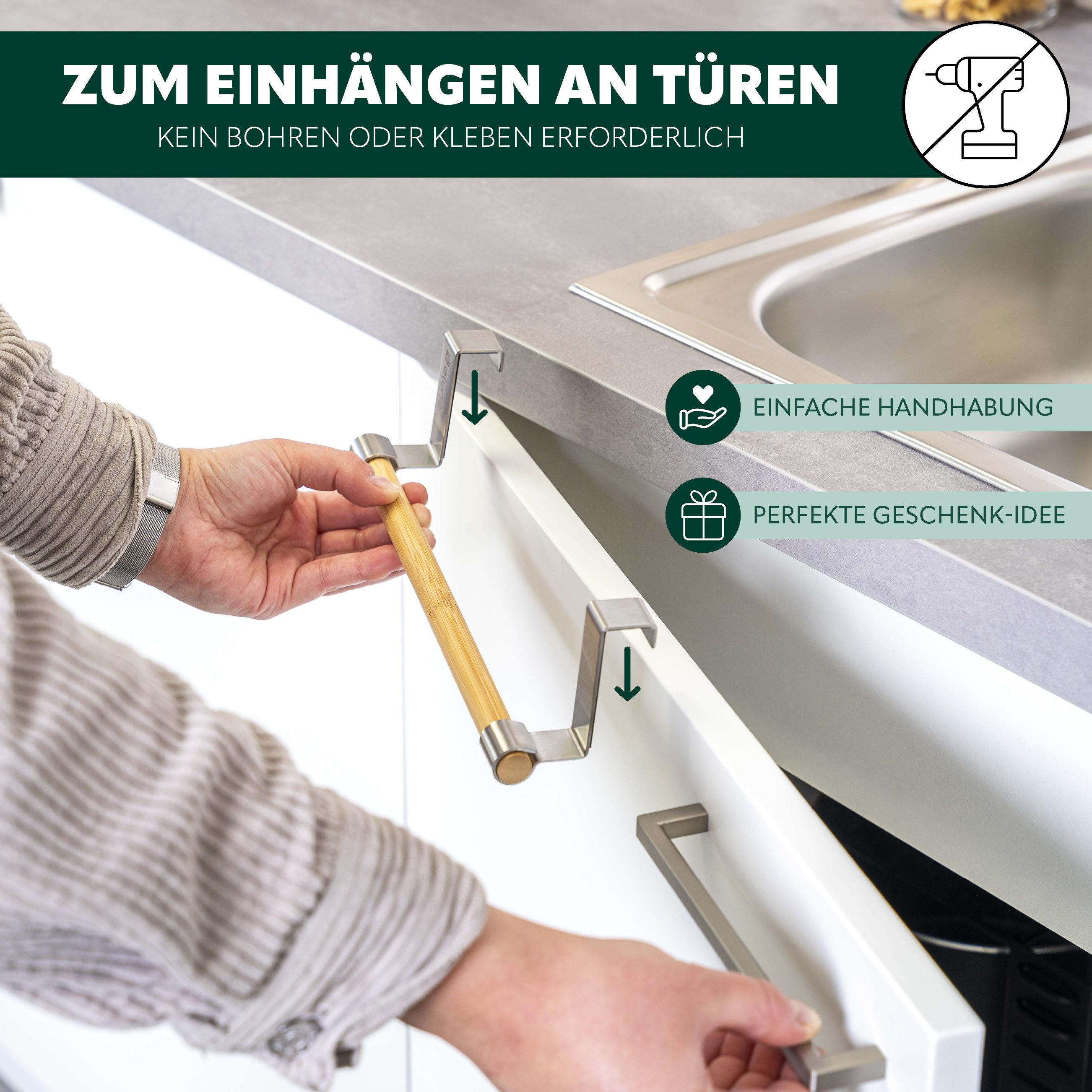 eluno Spültuchhalter Geschirrhandtuchhalter mit Bambus ohne Bohren zum Einhängen