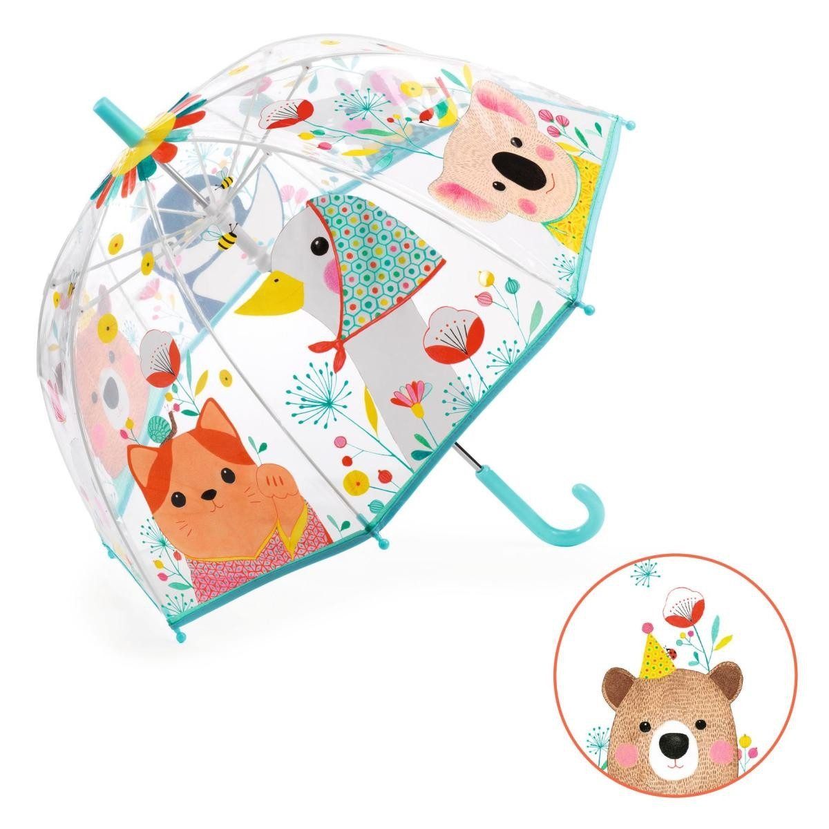 DJECO Stockregenschirm Kinder-Regenschirm Natur türkis Tiere Transparent Ø 68 x 70 cm