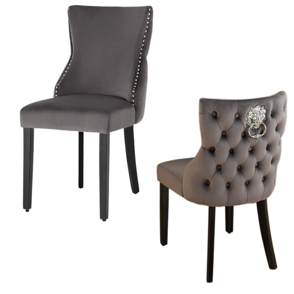 LebensWohnArt Stuhl Edler Stuhl LEON Samt grau Löwenkopf Nieten Chesterfield