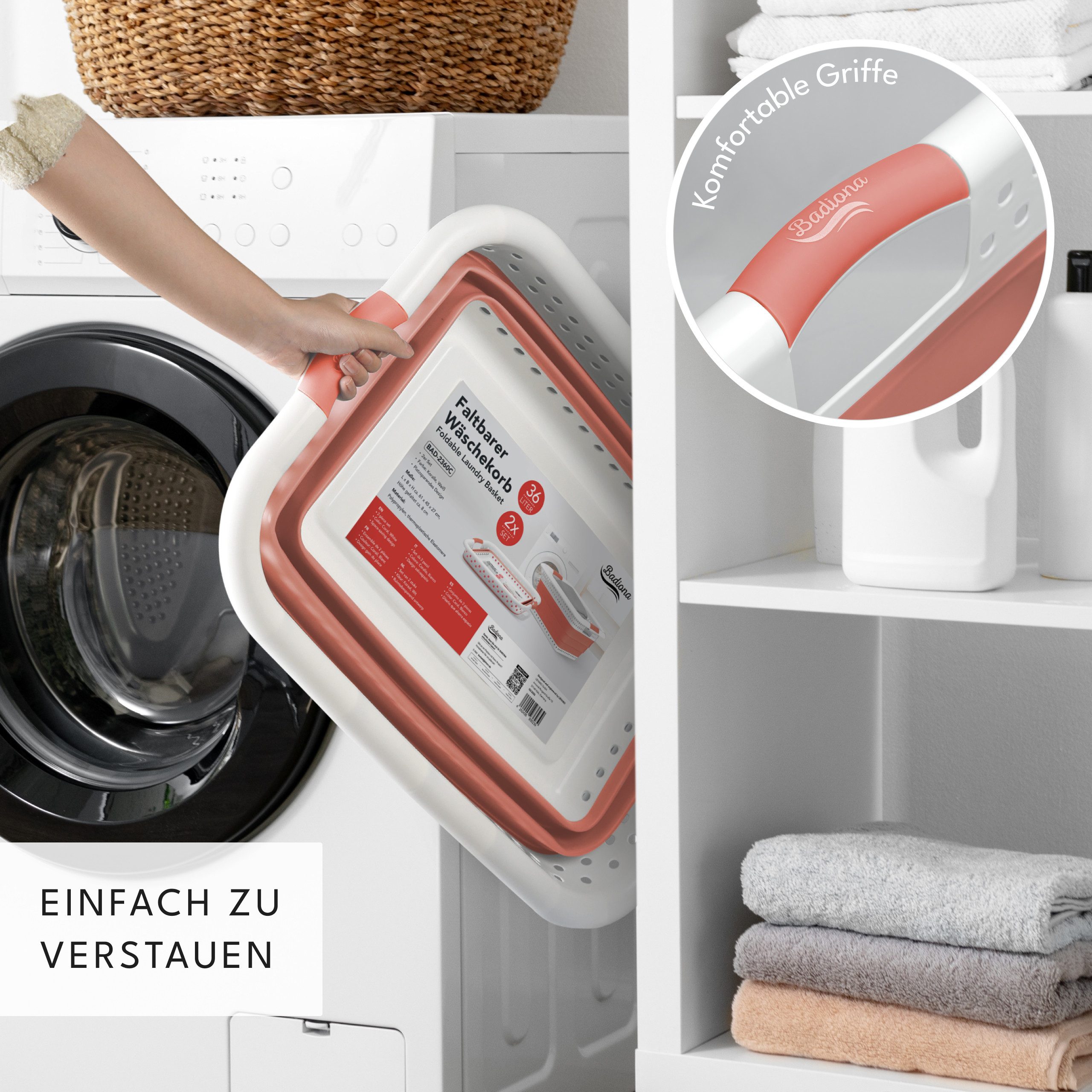 BADIONA Wäschekorb faltbare Wäschekörbe, Sammelkorb für Flaschen oder Spielzeug (2er-Set, 2 faltbare Wäschesammler), 36L Volumen, Faltbar, Leicht zu verstauen