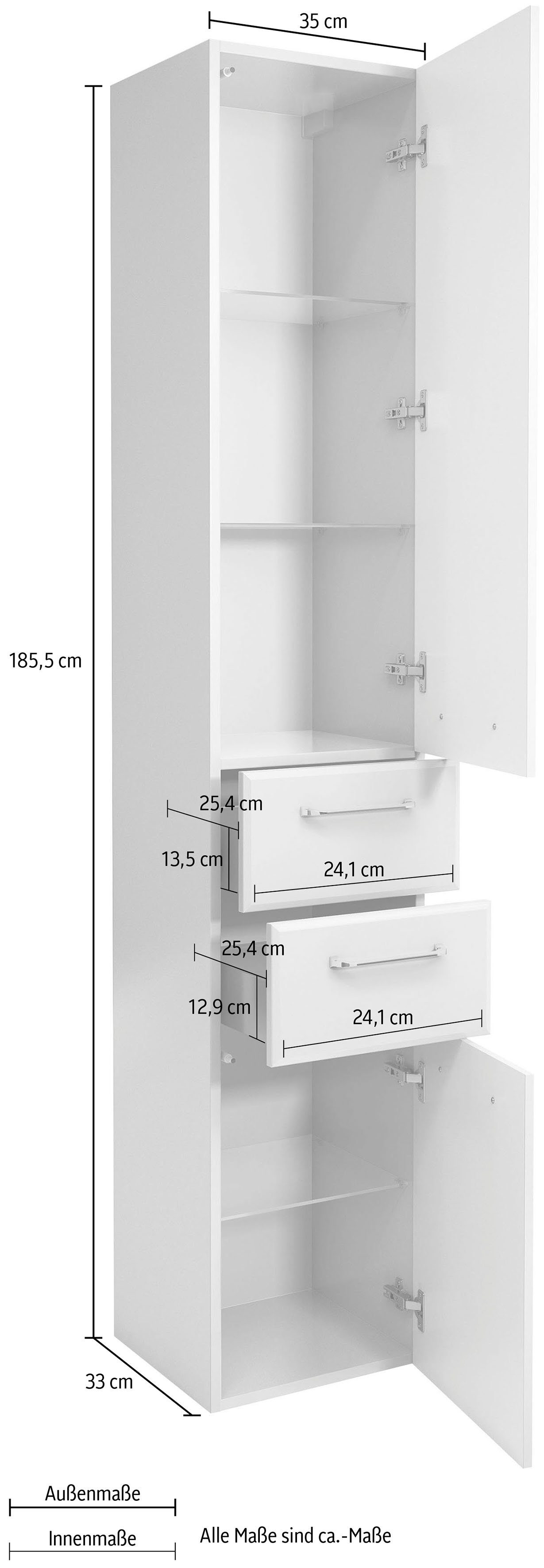 185,5 Türdämpfer Glanz Hochschrank | Quickset 35 cm, Glanz/Weiß cm, Hochglanz Breite Weiß PELIPAL Weiß Glaseinlegeböden, Höhe