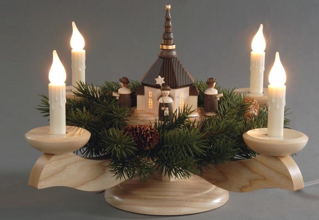 Albin Preissler Оконная люстра Seiffener Kirche mit Kurrende, Handwerkskunst aus dem Erzgebirge, LED fest integriert, Warmweiß, Weihnachtsdeko aus Eschenholz