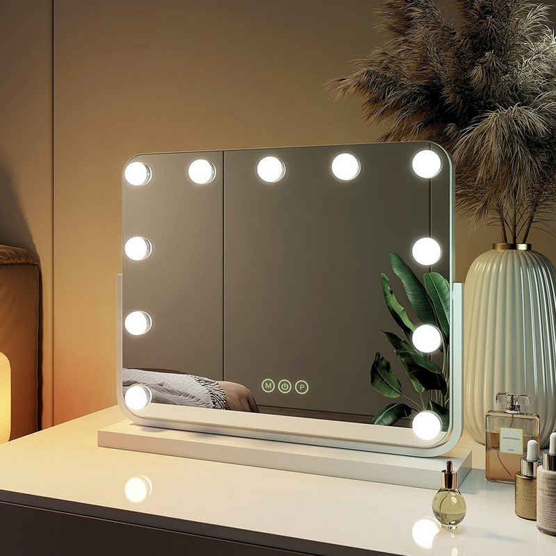 EMKE Kosmetikspiegel Hollywood Spiegel mit Beleuchtung 360 ° Drehbar Tischspiegel, 3 Farbe Licht,Dimmbar,Speicherfunktion,7 x Vergrößerungsspiegel