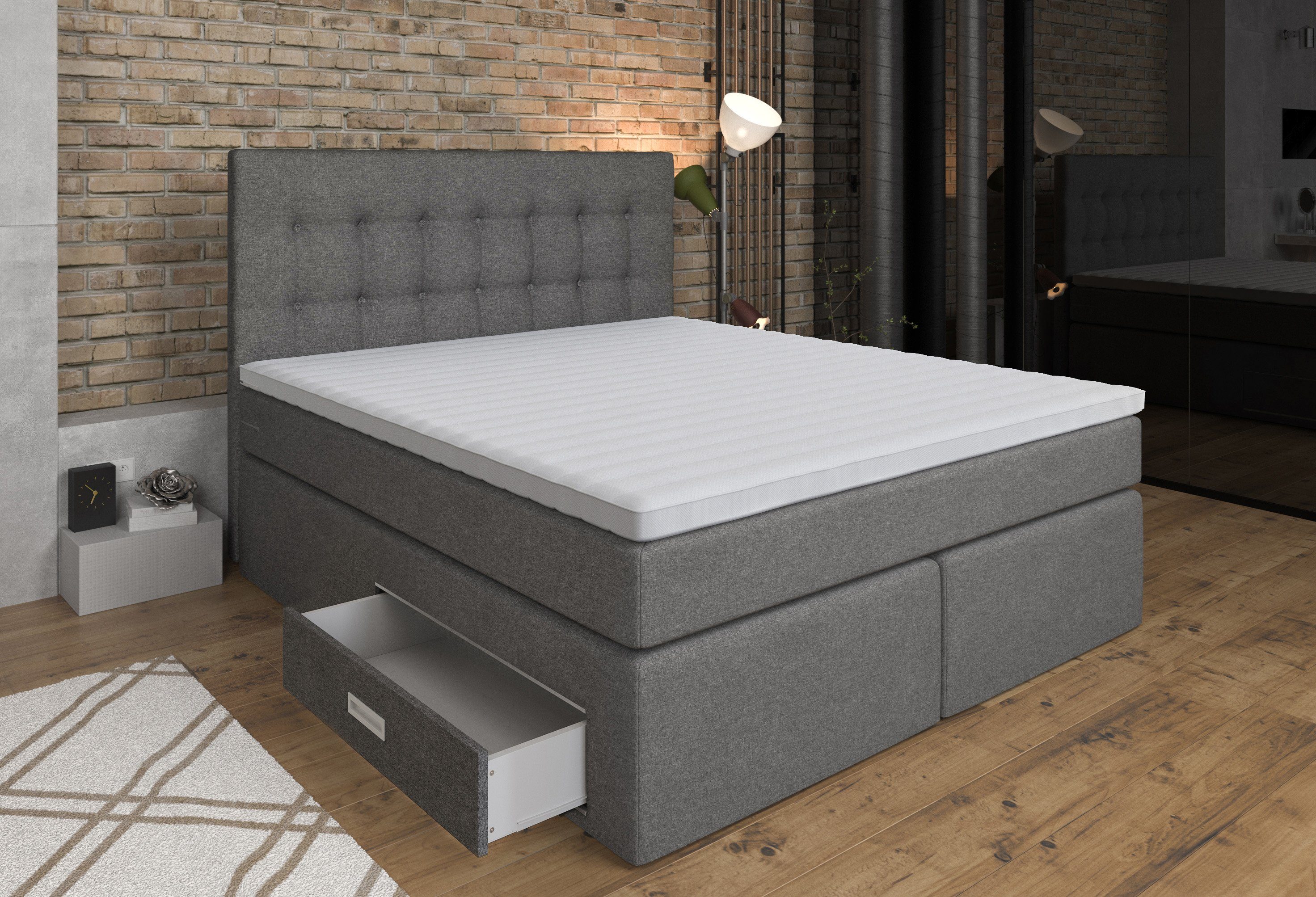 Tesla Dreams Boxspringbett 180x200 Ankona mit 2 Schubladen, H2/H3 Matratzen (Mögliche Kopfteilhöhe 90/100/110 cm), Inkl. Topper