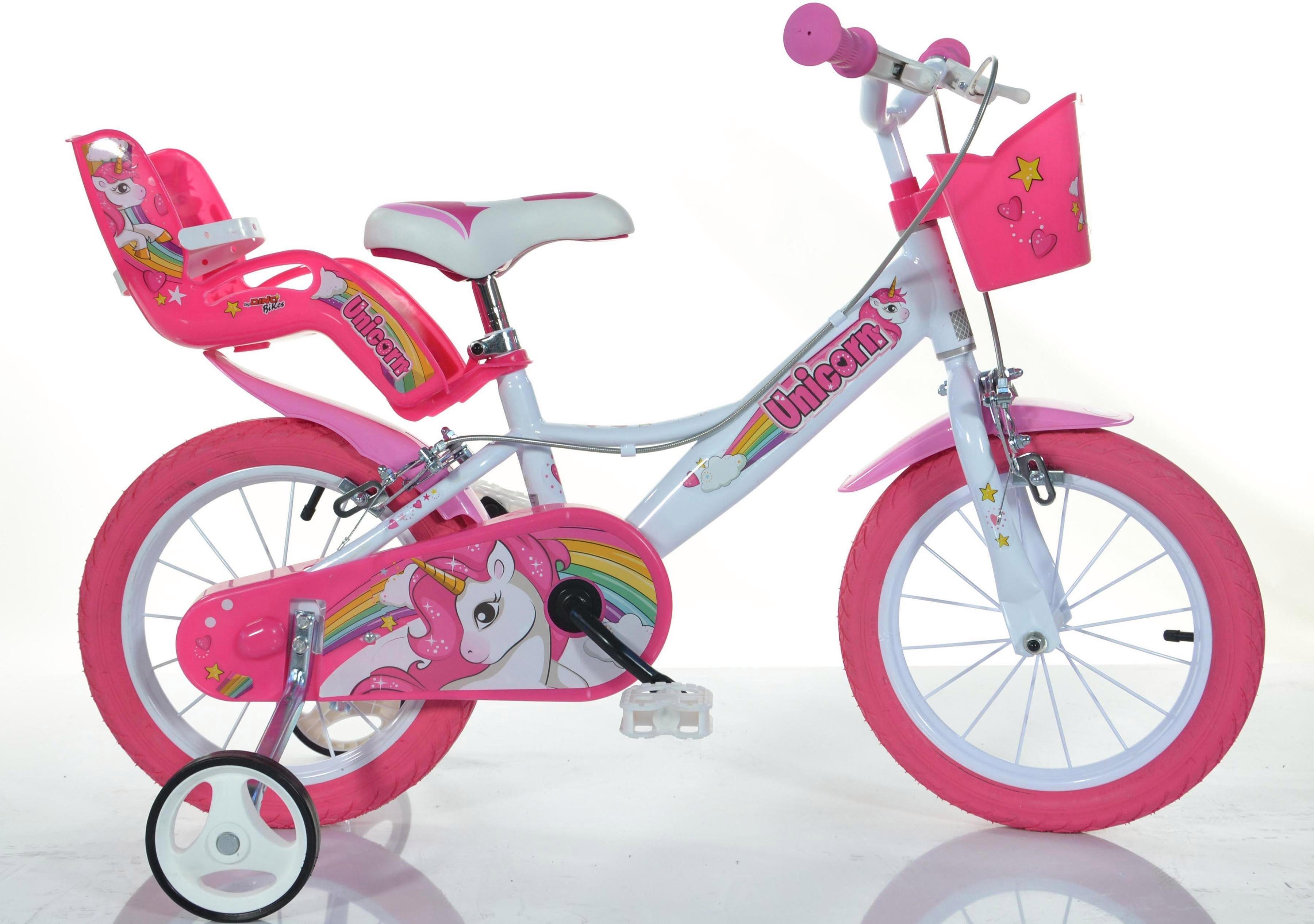 Dino Bikes Kinderfahrrad 16" Unicorn Einhorn Kinderfahrrad Mädchenfahrrad Freilauf 4–7 Jahre, 1 Gang, mit Stützrädern, Korb und Puppensitz
