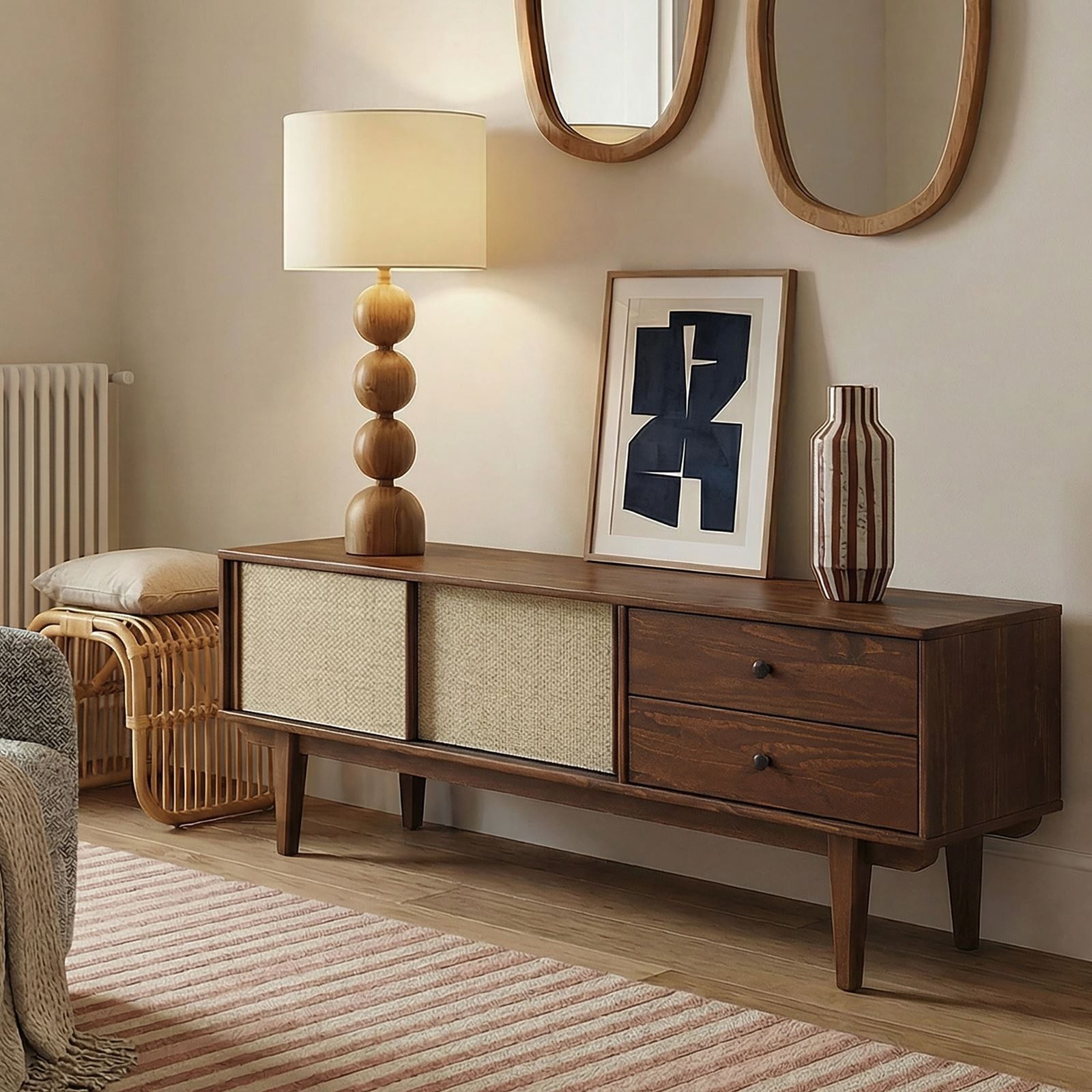 IDIMEX Lowboard SIMONA, TV Schrank 175 cm Massivholz Rattan Schiebetür Kastanie Finish