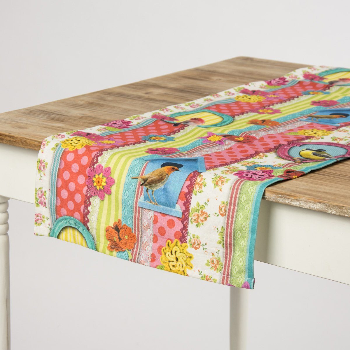SCHÖNER LEBEN. Tischläufer Schöner Leben Tischläufer Digitaldruck Vögel Streifen 40x160cm, Digitaldruck