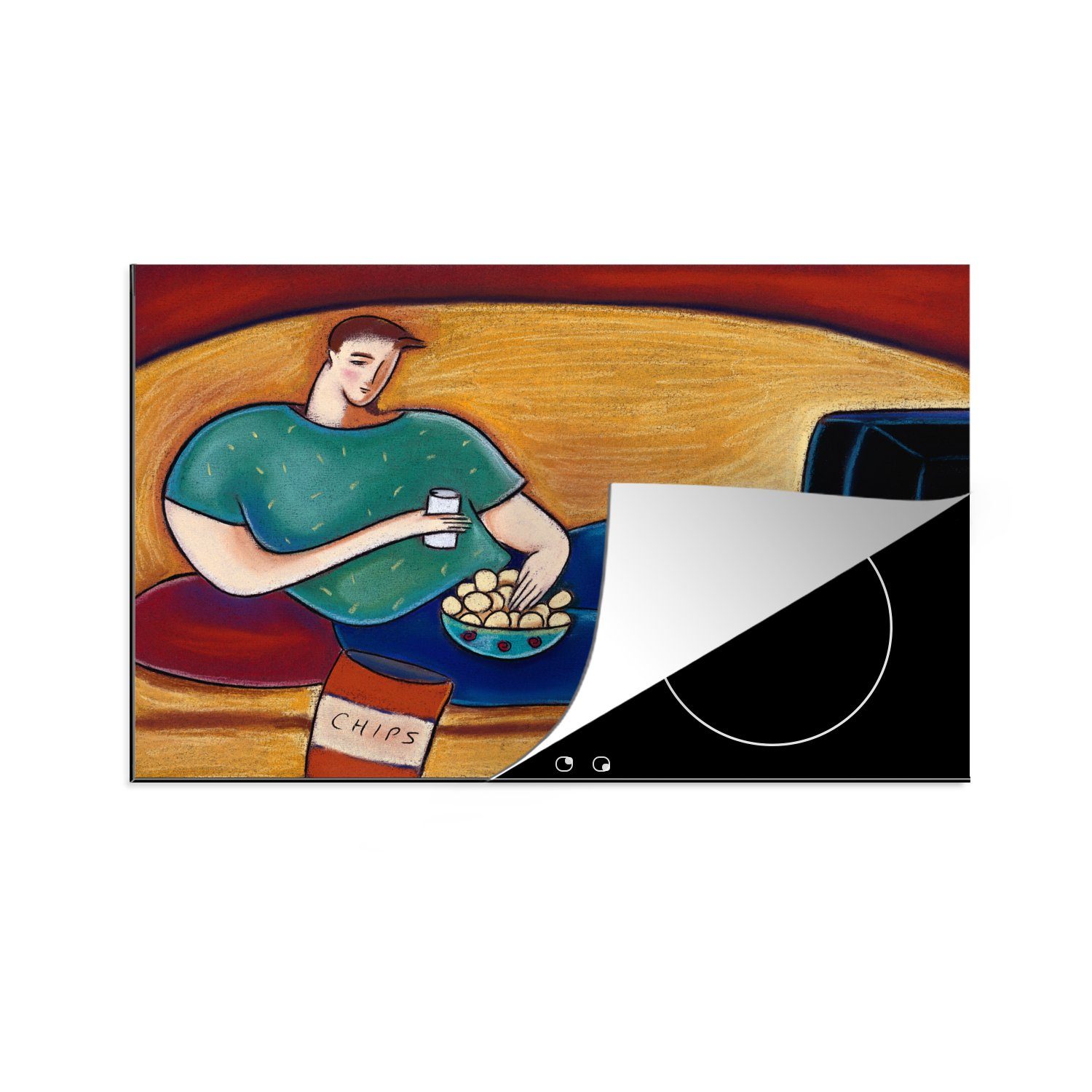 MuchoWow Herdblende-/Abdeckplatte Eine Illustration eines Mannes, der vor dem Fernseher liegt, Vinyl, (1 tlg), 81x52 cm, Induktionskochfeld Schutz für die küche, Ceranfeldabdeckung