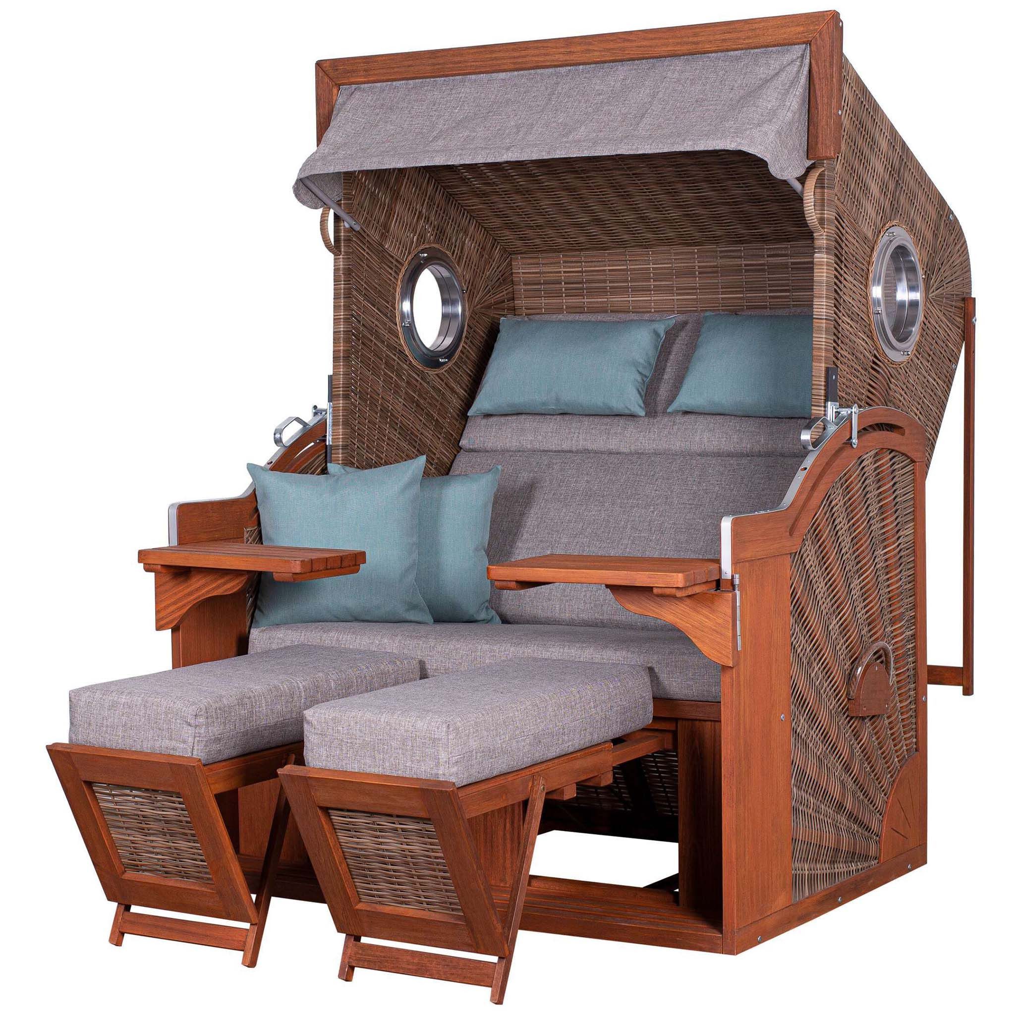 deVries PURE® Strandkorb Seaside XL - PE griseum - Dessin 488, BxTxH: 135x92x165 cm, Dreiviertellieger, Ostsee-Strandkorb, (Strandkorb-Komplettset, 2-tlg., Strandkorb inkl. passender Premium Schutzhaube), mit Windschutzfolie, Bistrotischen und bequemer Polsterung
