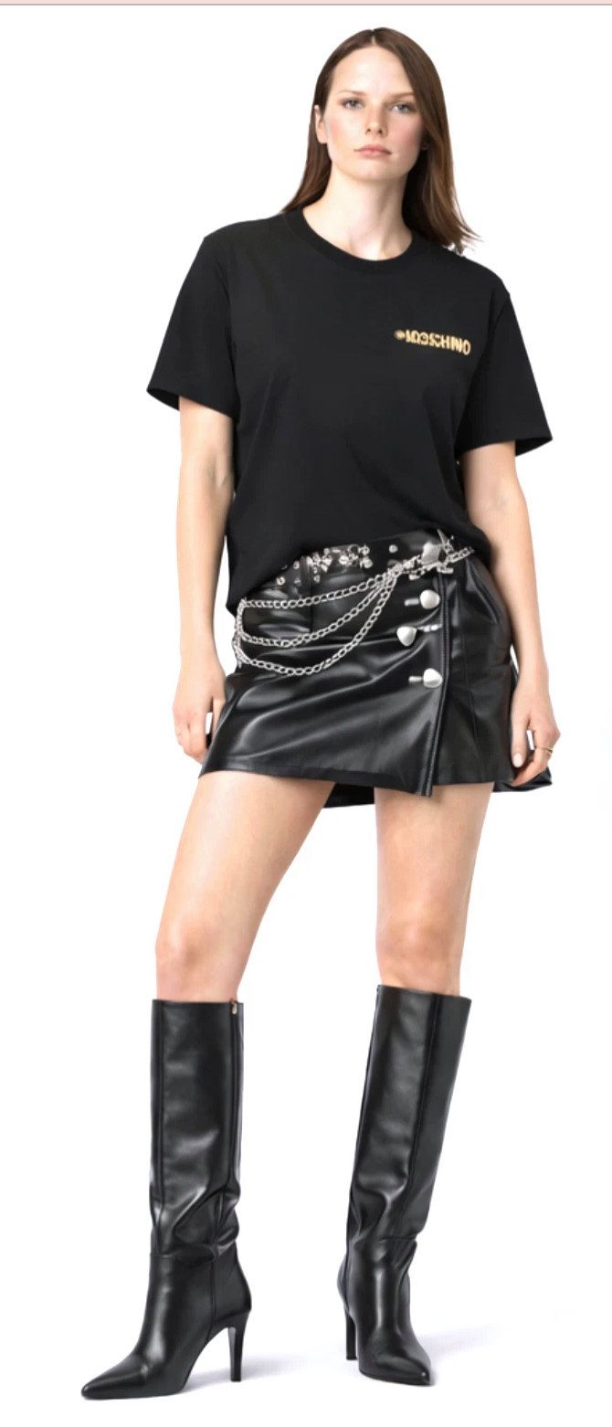 Moschino T-Shirt COUTURE Damen Metal Gold Logo Regular Fit Goldene Metall-Logo-Applikation auf der Brust
