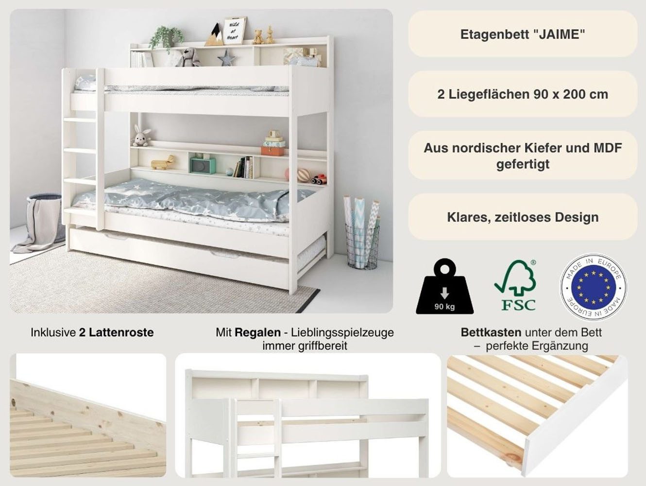 Lüttenhütt JAIME bunk bed, TOP SELLER! Bunk bed with shelves, optional drawer (approx. 186x115x204 cm height/width/length), FSC® certified solid wood, plenty of storage space and surface area