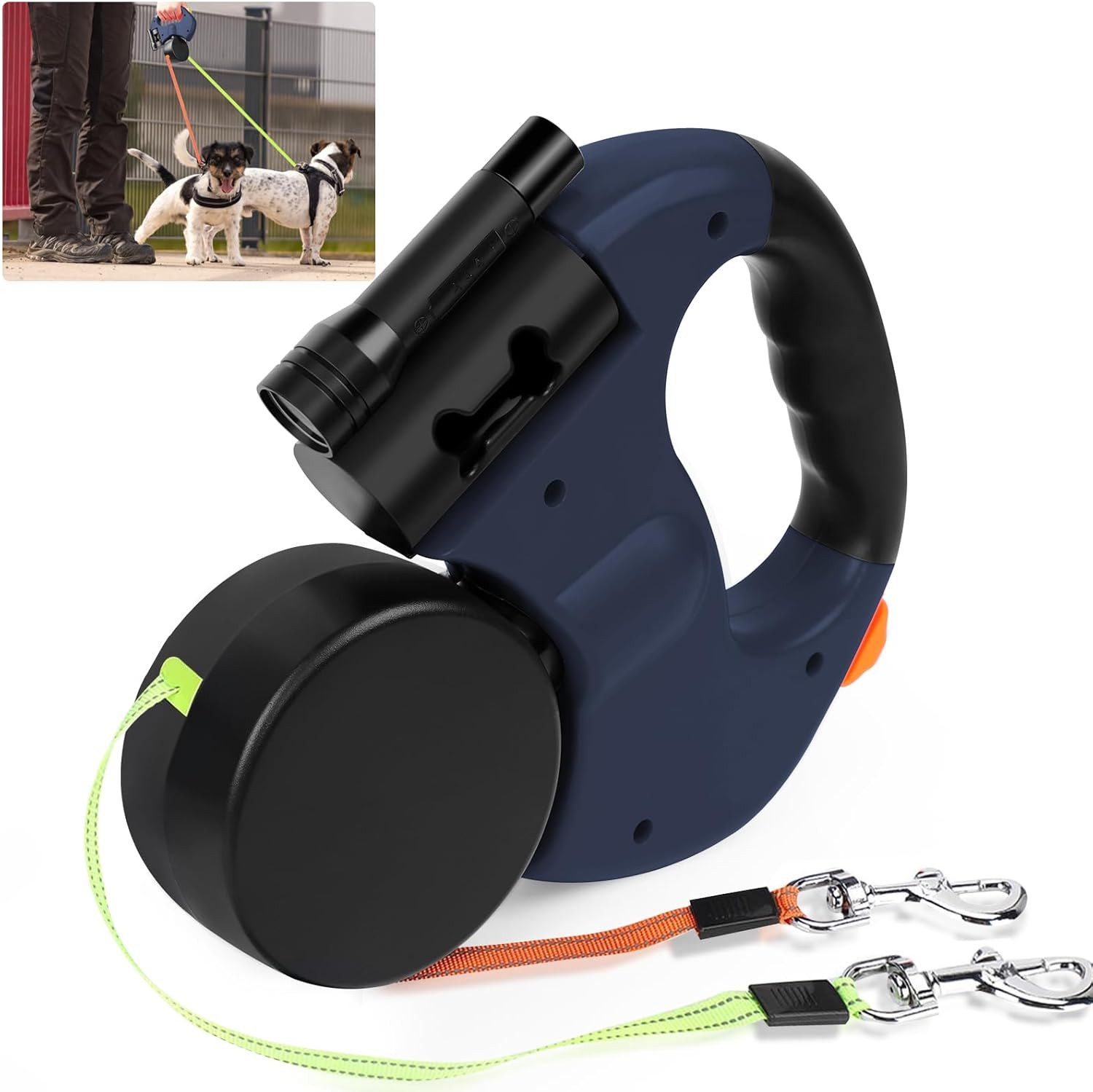 AURIVION Führleine Hundeleine 3M Doppelte Einziehbare Hundeleine, Nylon (Set, 1-tlg., Flexible Doppelleine für kleine & mittelgroße Hunde), 360° Hundeleine doppelt einziehbar mit LED Licht