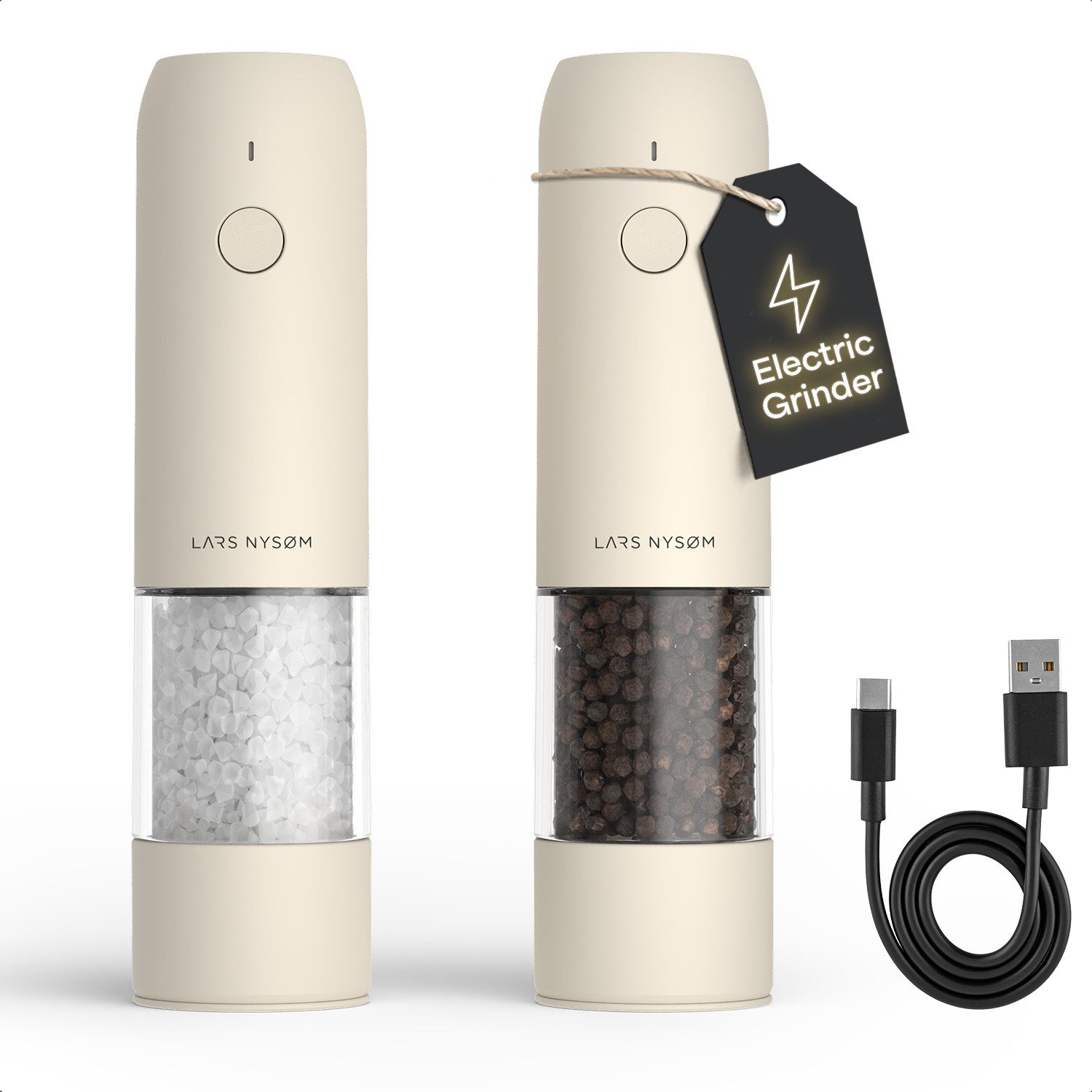 LARS NYSØM Gewürzmühle Kværne praktische Einhandbedienung per Drucktaste, (2 Stück), elektrische Salz- & Pfeffermühle mit eingebautem LED-Licht