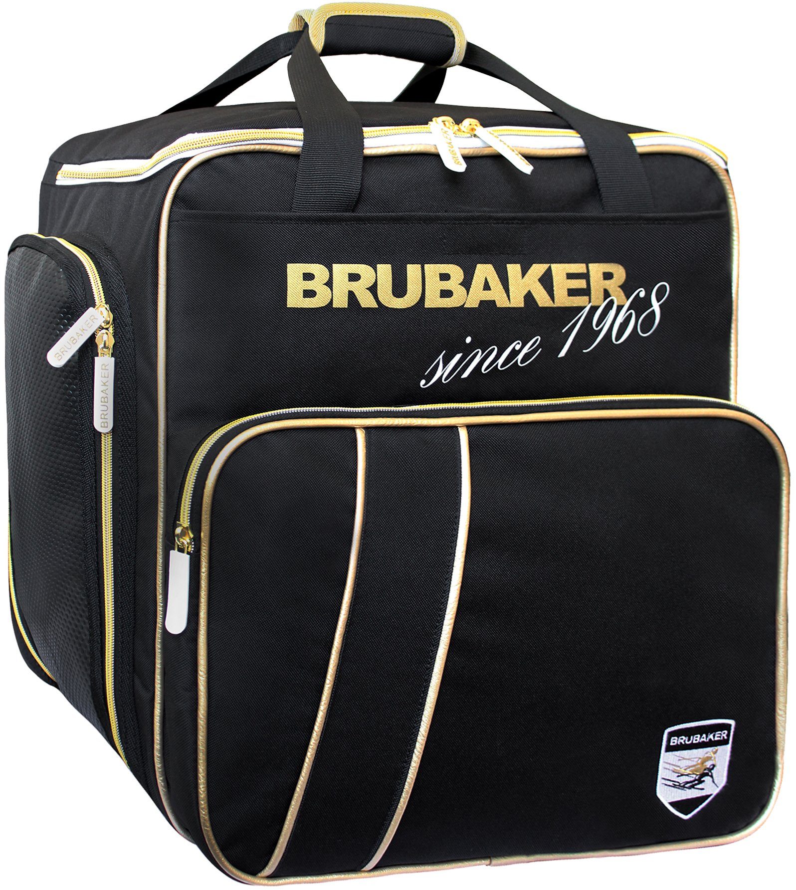 BRUBAKER Sporttasche Skischuhtasche, Skitasche für Skistiefel (1-tlg., reißfest und nässeabweisend), Komfort Stiefeltasche mit Rucksackfunktion für Skischuhe, Helmtasche, Ski Rucksack Tasche Schwarz, Gold und Weiß