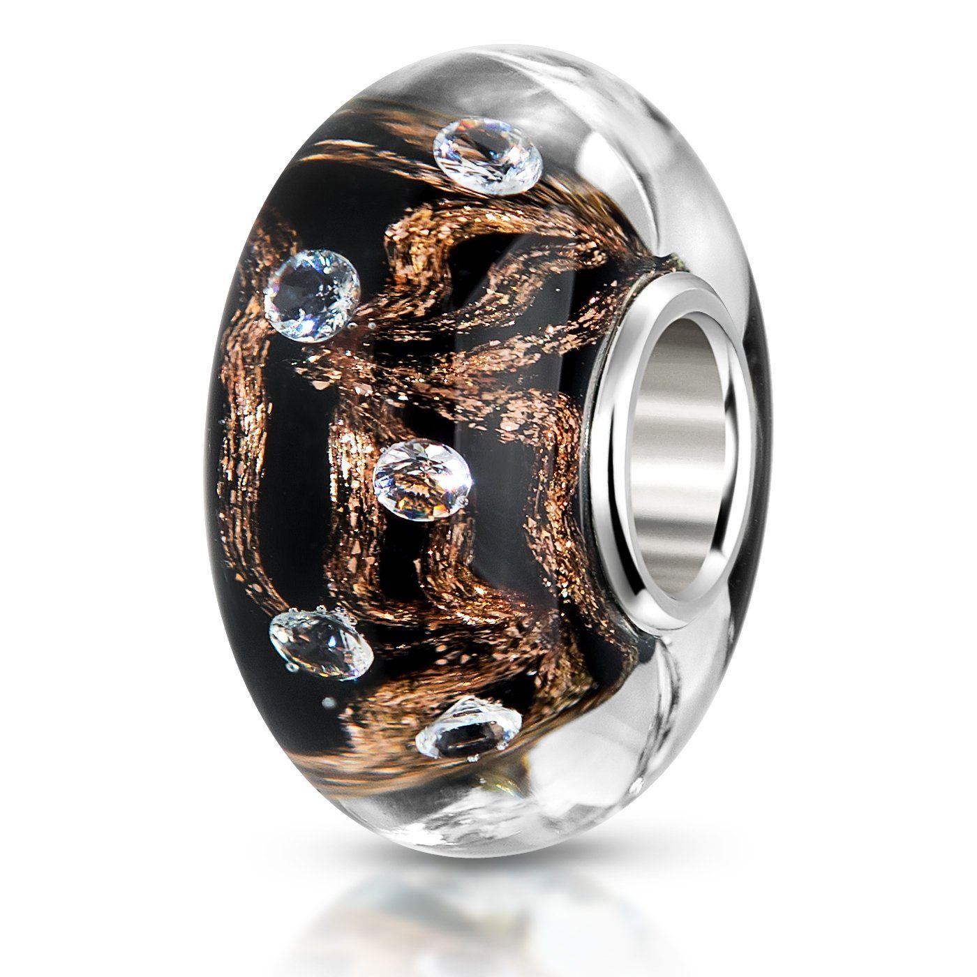 Materia Bead Glasperle Streifen Schimmer Bronze Schwarz mit Zirkonia 6, Kern aus 925 Sterling Silber