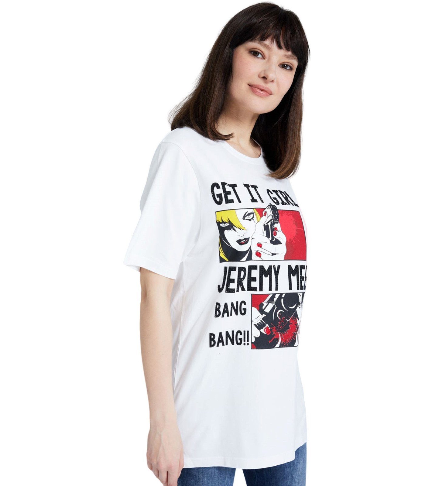 JEREMY MEEKS Rundhalsshirt JEREMY MEEKS Damen Kurzarm-Shirt Mafalda Get it Girl-Frontprint Sommer-Shirt Weiß