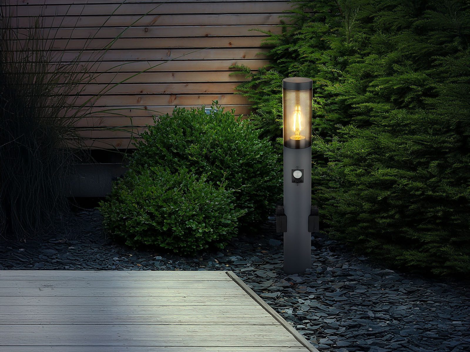 GLOBO LIGHTING LED Pollerleuchte, Bewegungsmelder, LED wechselbar, warmweiß, für Außenlicht Garten Wegbeleuchtung mit Strom & Steckdosen, Höhe 60cm