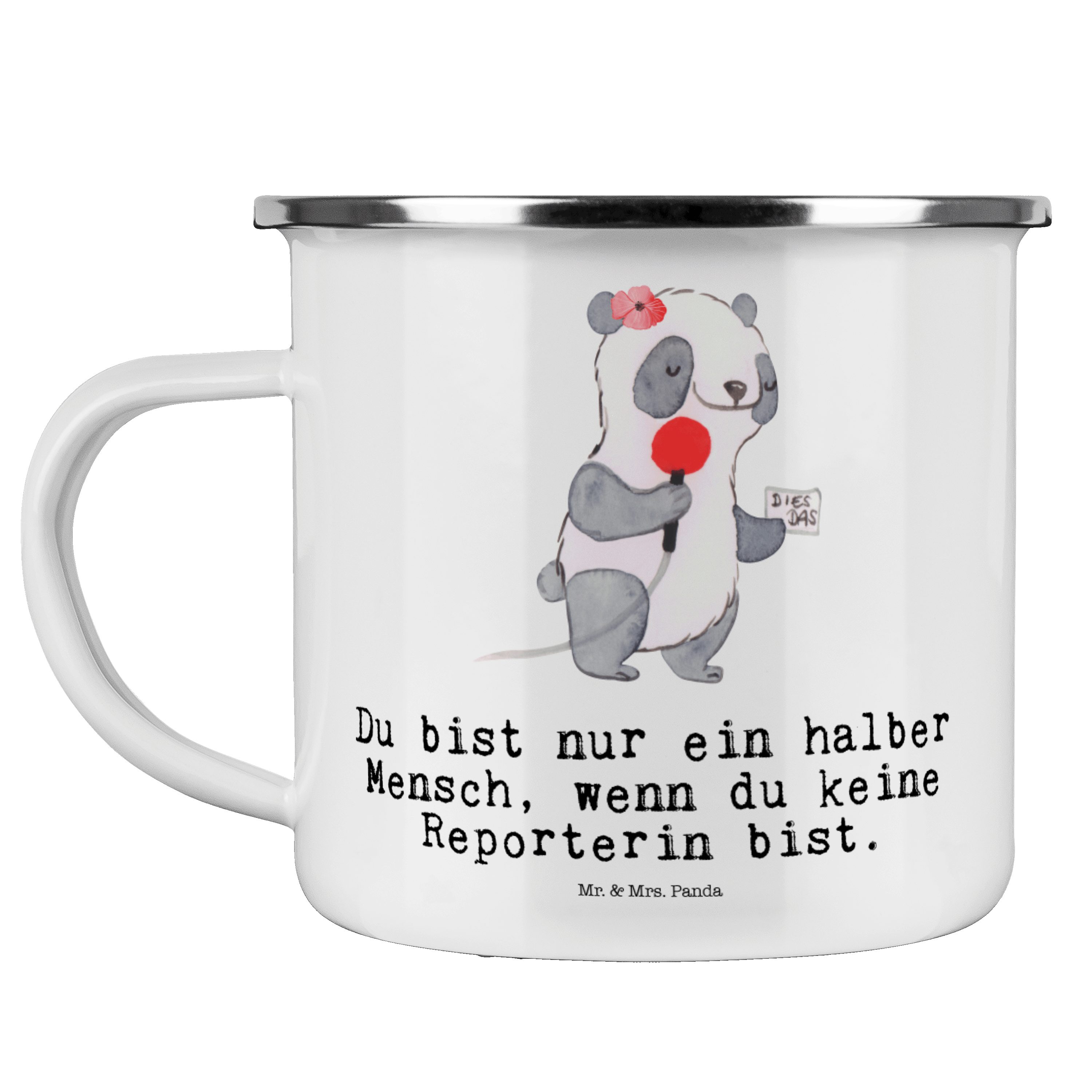 Mr. & Reporterin Panda - mit - Trinkbecher, Tasse, Geschenk, Ca, Becher Emaille Weiß Outdoor Mrs. Herz