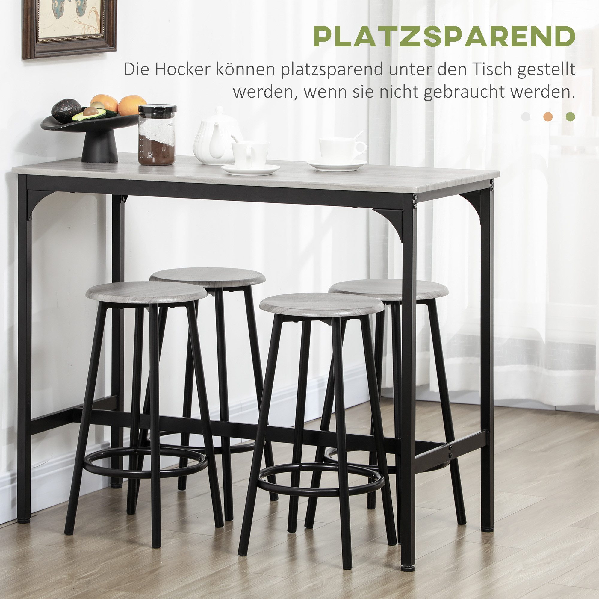 HOMCOM Bargruppe Tresentisch mit Fußstütze, (Set, 1 Tisch, 4 Stühle), Hocker unter Tisch verstaubar – Bild 5 von 5