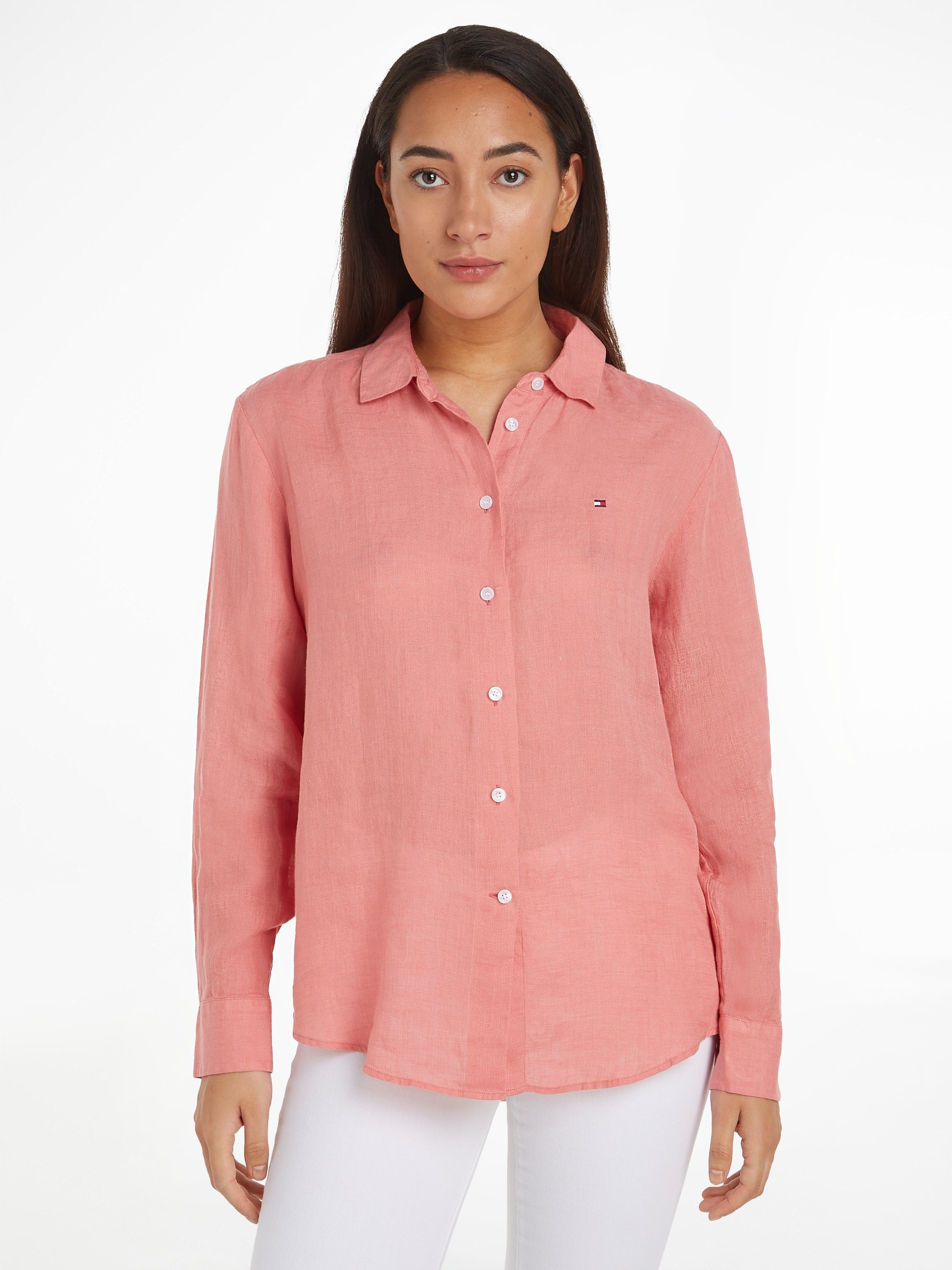 Tommy Hilfiger Hemdbluse LINEN STP RELAXED SHIRT LS mit Logostickerei auf der Brust