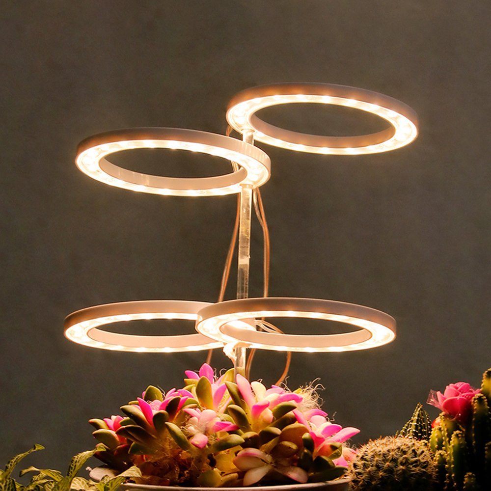 Rosnek Pflanzenlampe 1-4 Ringlicht-Kopf,Vollspektrum,dimmbares,für Indoor-Pflanzen, Rosa, Sonnenlicht, Rot Timer,USB Blau
