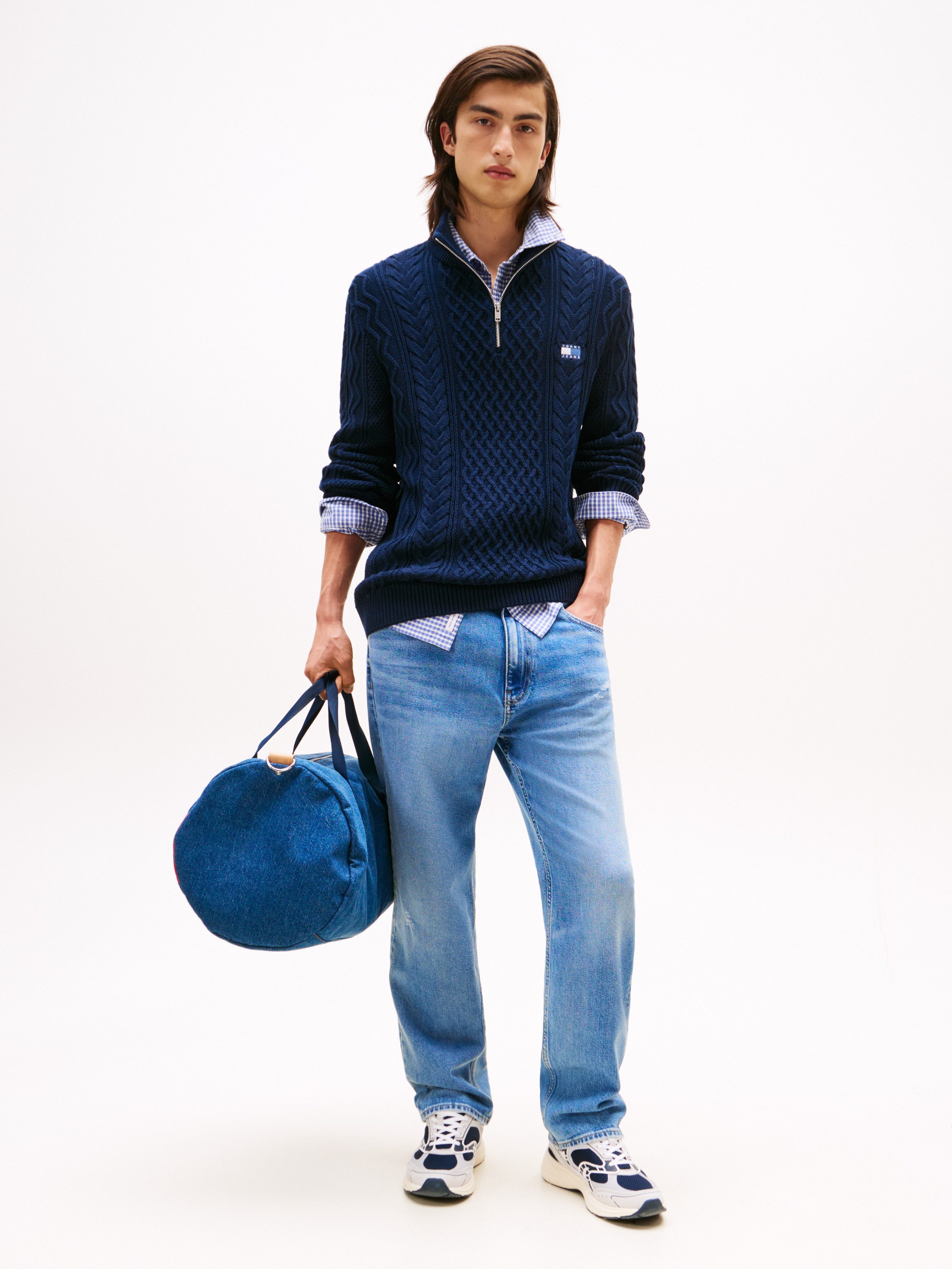 Tommy Jeans Strickpullover Troyer-Kragen mit Reißverschluss, slim fit, Zopfstrick-Muster